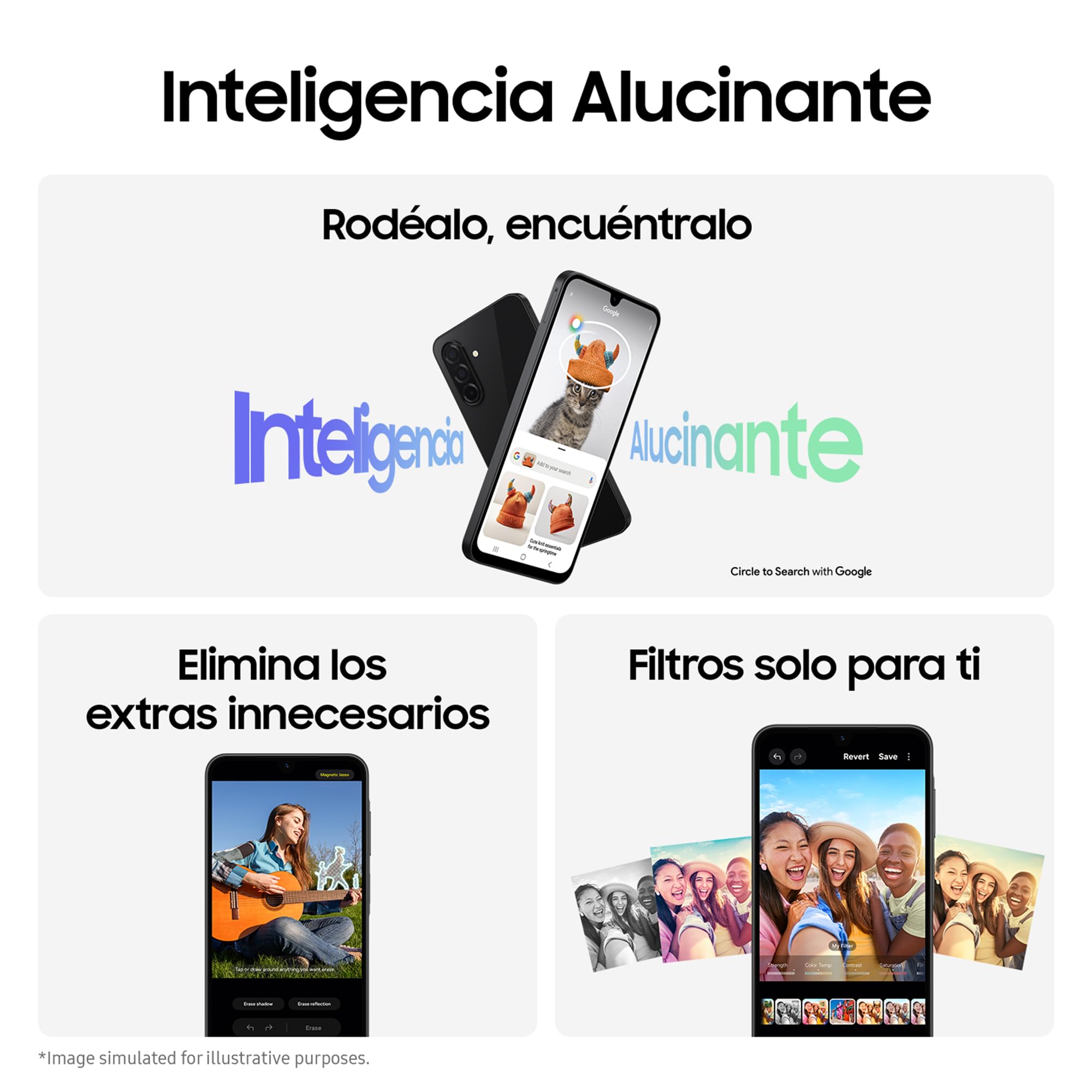 Samsung Galaxy A26 5G negro mostrando funciones de Inteligencia Alucinante: Circle to Search, borrador de objetos y filtros personalizados.