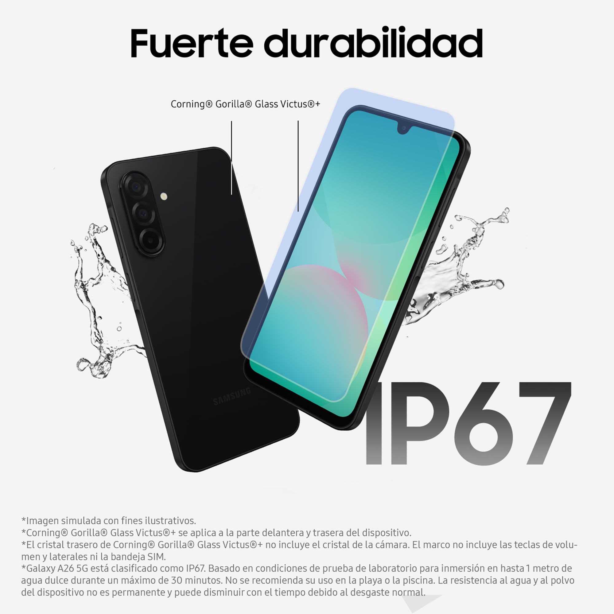 Samsung Galaxy A26 5G negro con resistencia IP67 y Gorilla Glass Victus+