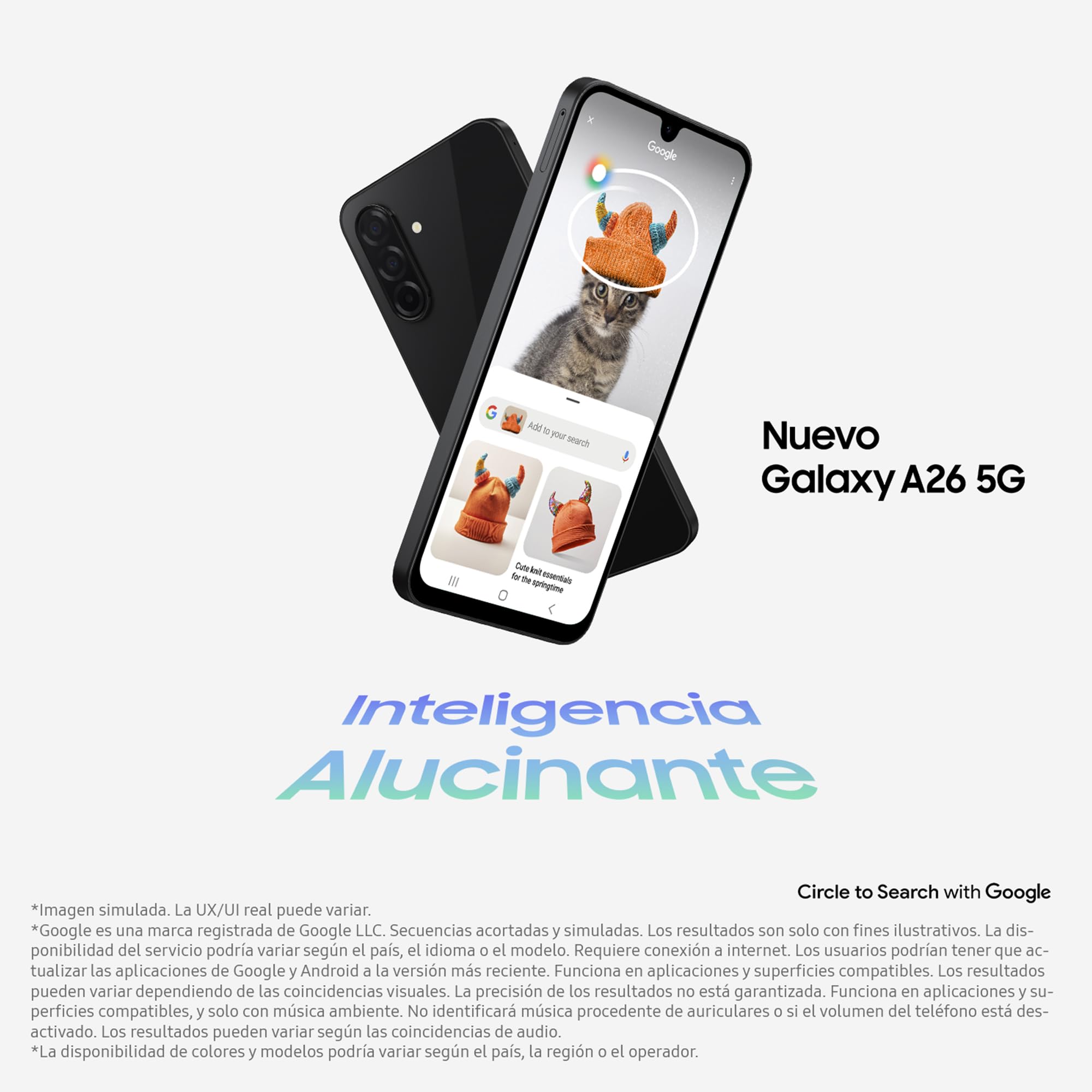 Samsung Galaxy A26 5G negro con función Circle to Search de Google sobre fondo gris.