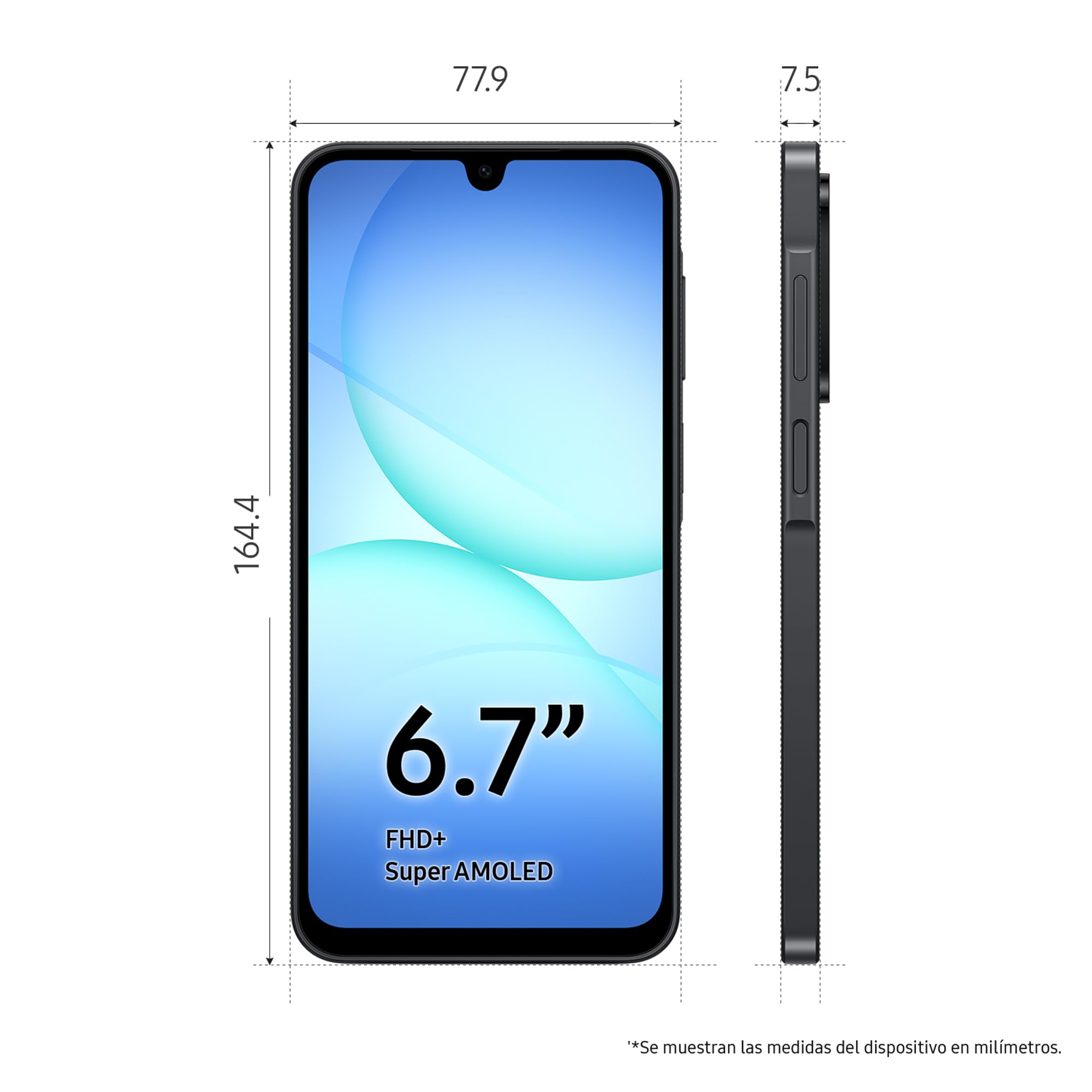 Samsung Galaxy A17 gris con pantalla 6.7 pulgadas Super AMOLED y diseño ultrafino de 7.5 mm.
