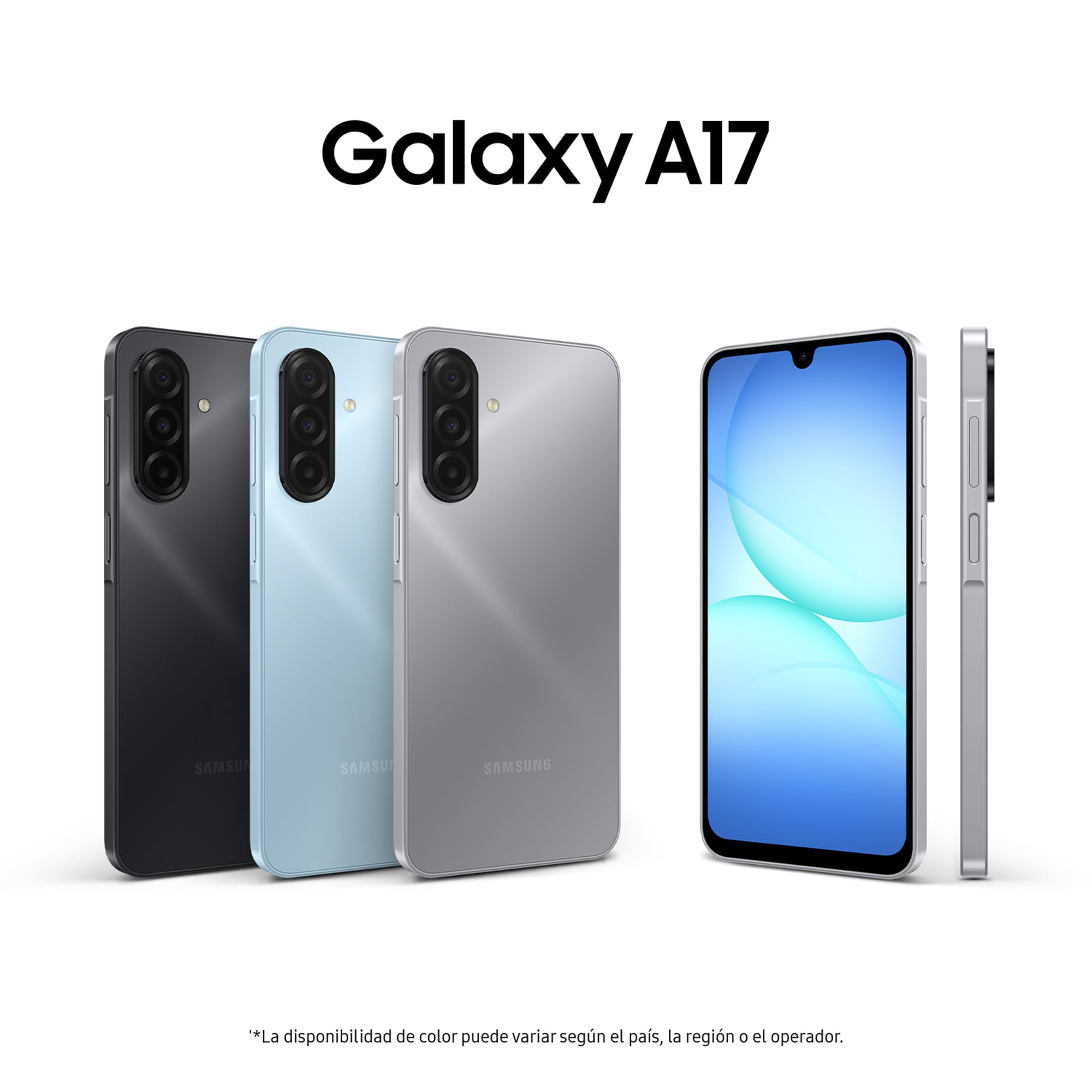 Samsung Galaxy A17 en colores negro, azul y gris con cámara triple y pantalla AMOLED de 6.7 pulgadas.