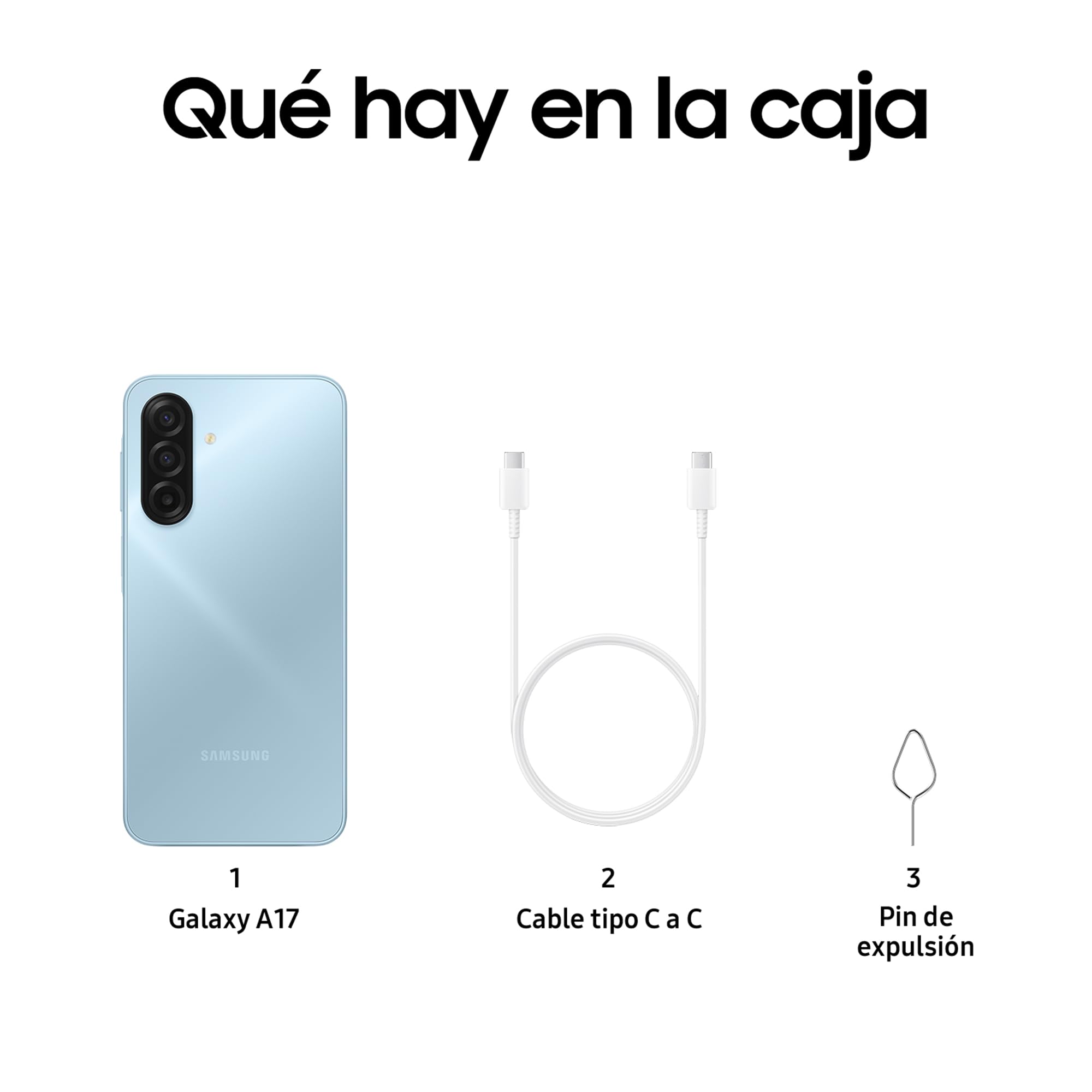 Samsung Galaxy A17 azul claro, cable USB C y pin de expulsión en caja