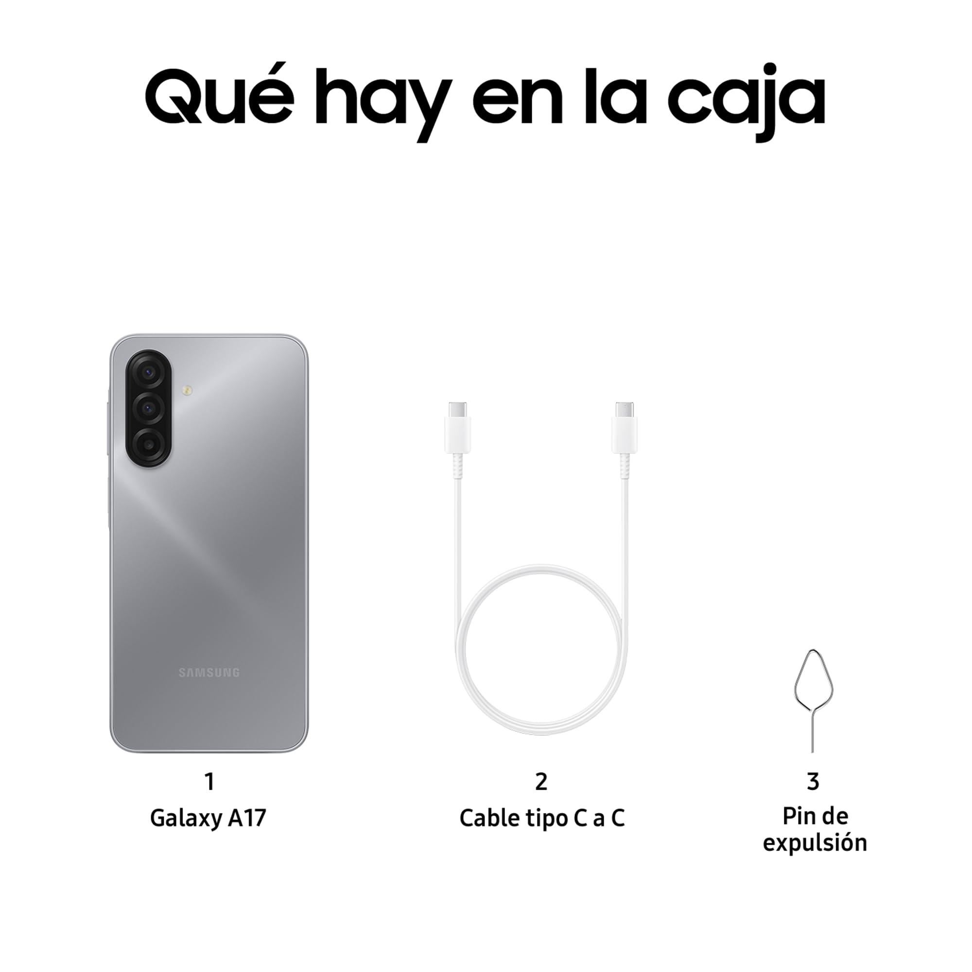 Contenido de la caja del Galaxy A17 LTE con cable USB-C y herramienta para la SIM