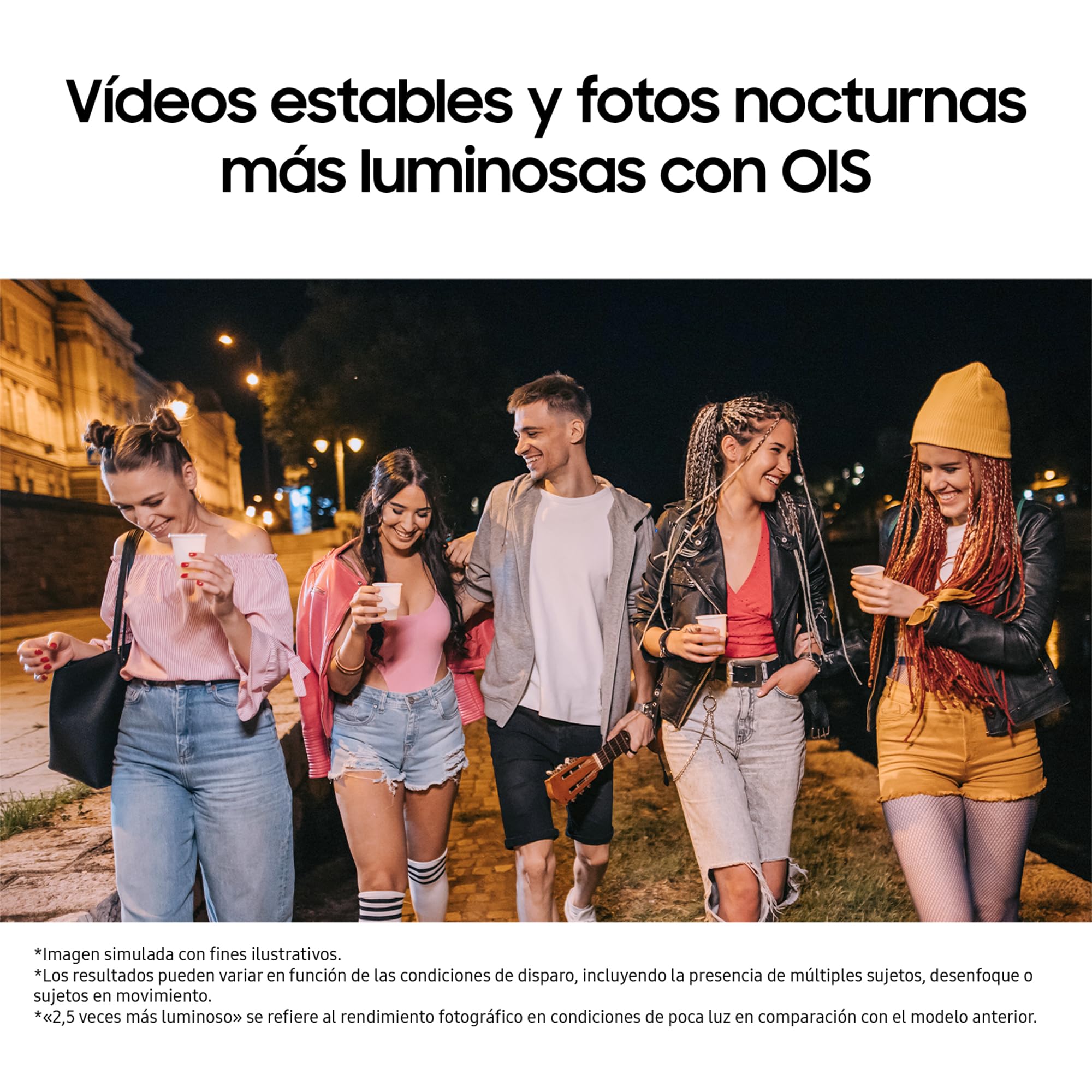 Grupo de jóvenes caminando de noche demostrando la cámara nocturna con OIS del Samsung Galaxy A17