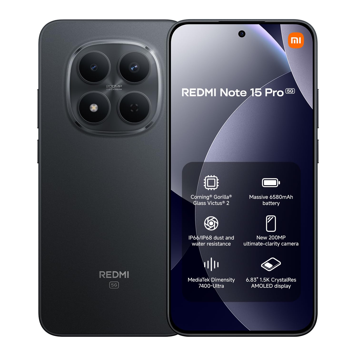 Redmi Note 15 Pro 5G negro con cámara 200MP, pantalla AMOLED y batería 6580mAh