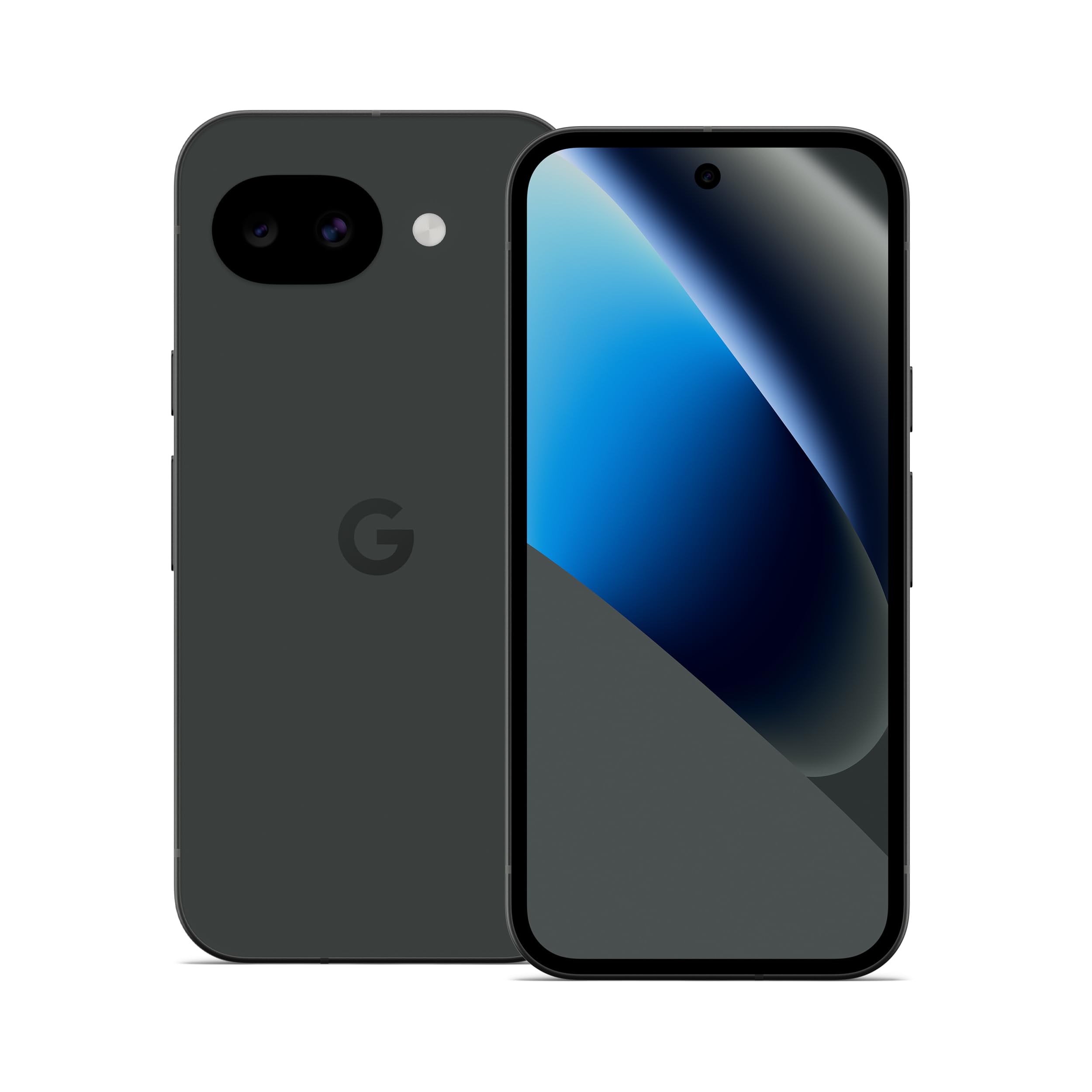 Google Pixel 10a color Obsidiana con doble cámara trasera y pantalla frontal sobre fondo blanco.