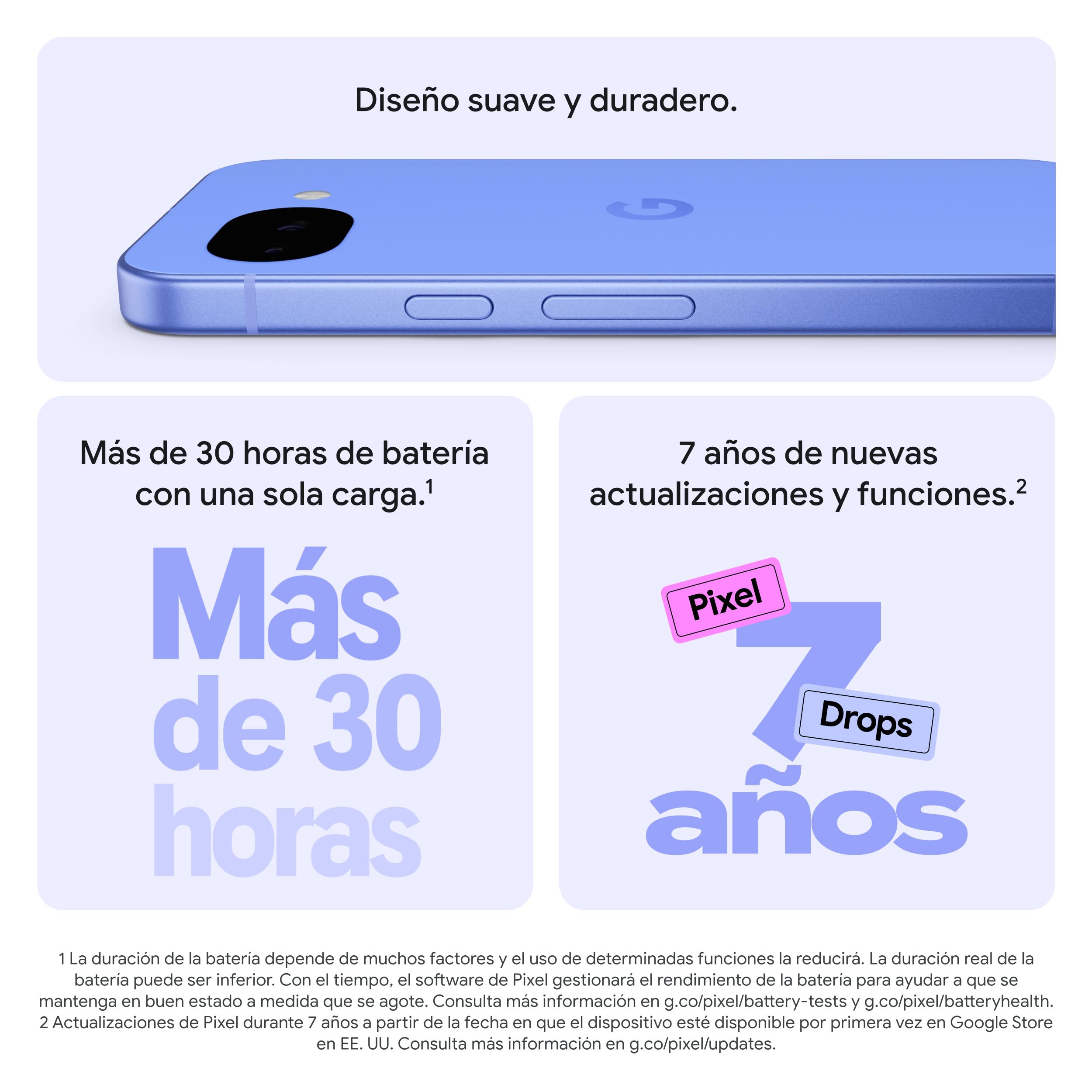Infografía Google Pixel 10a con diseño azul, batería de 30 horas y 7 años de actualizaciones Pixel Drops.