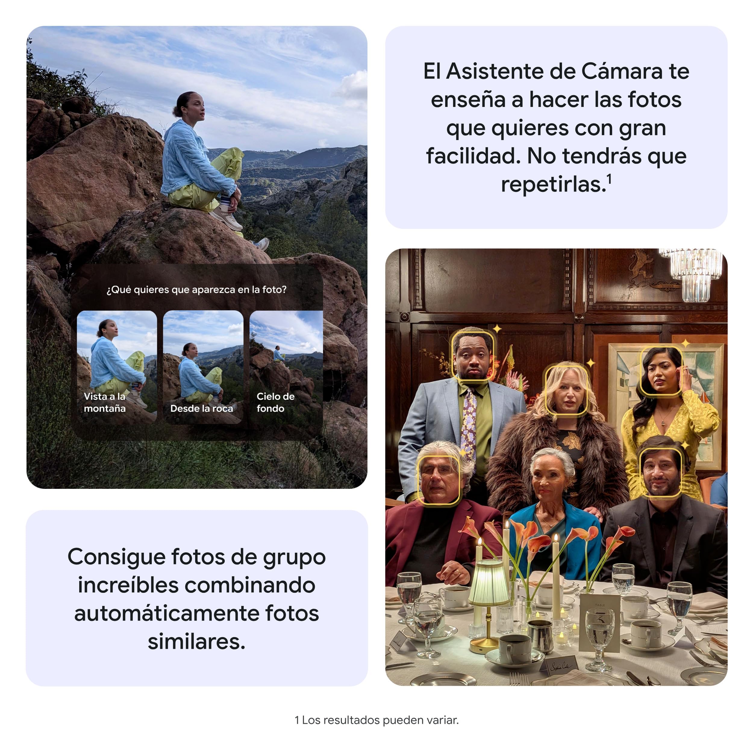 Promoción del Asistente de Cámara del Google Pixel 10a mostrando mujer en roca y foto grupal con detección facial.