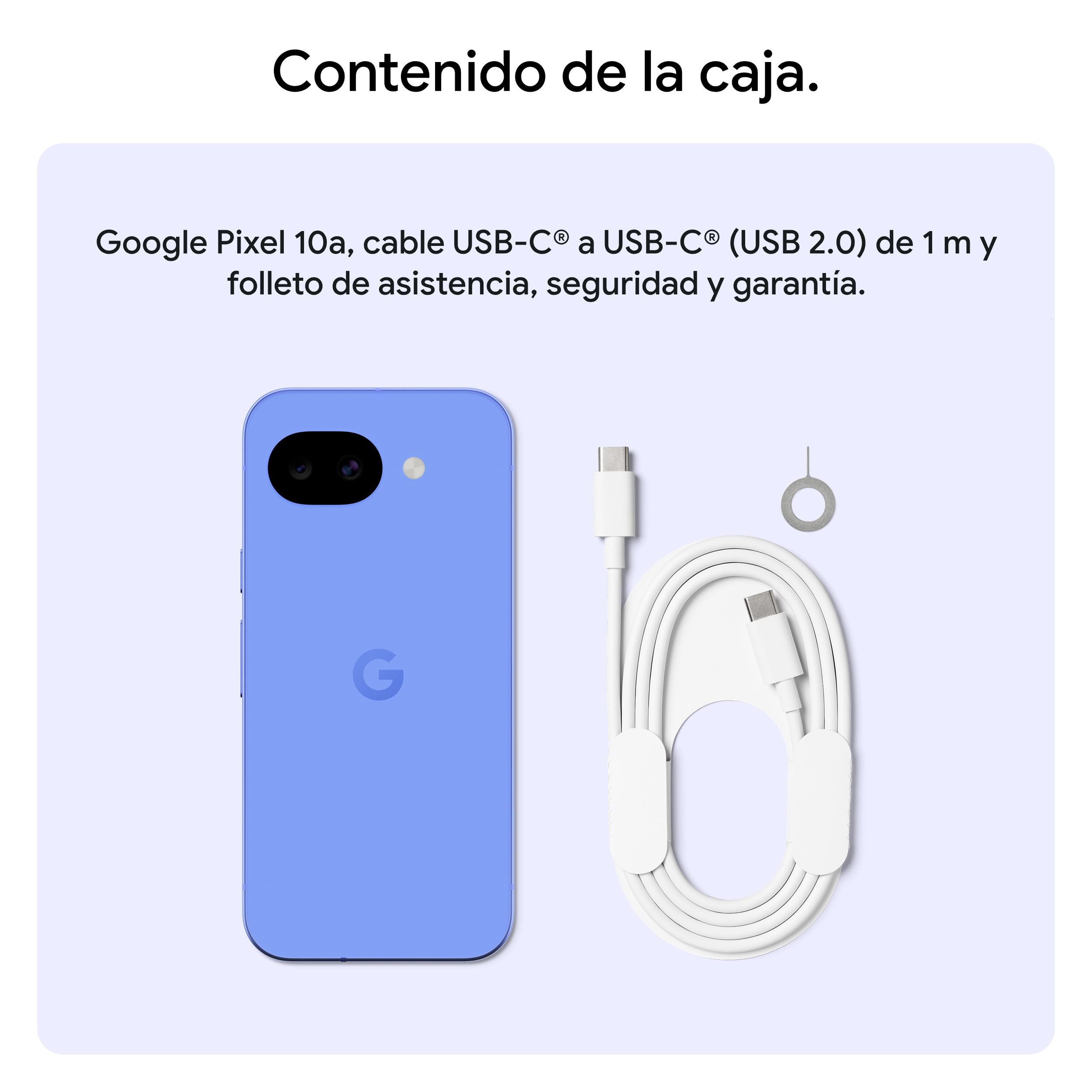 Contenido de la caja del Google Pixel 10a azul con cable USB-C y herramienta SIM.