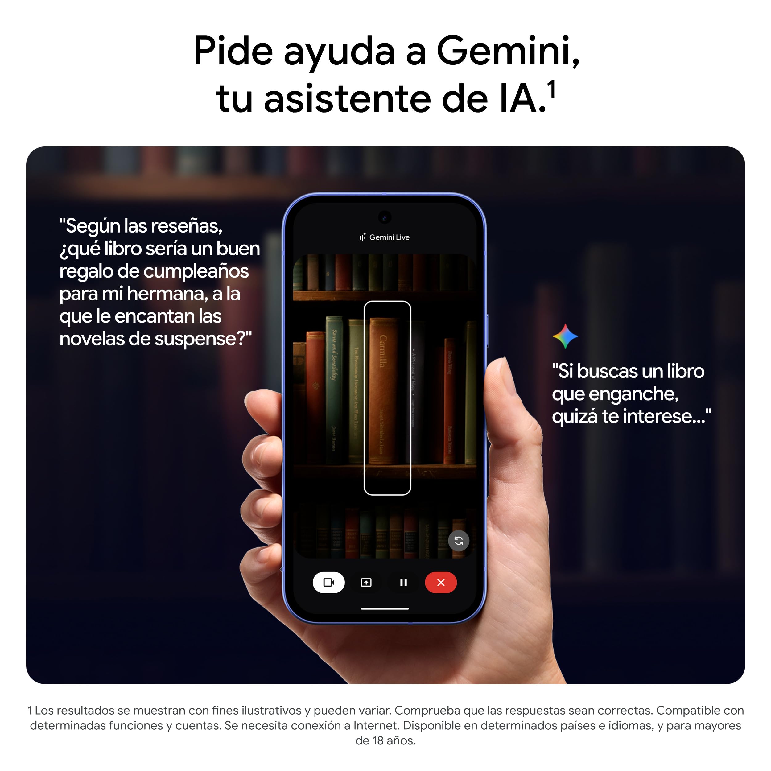 Google Pixel 10a mostrando el asistente IA Gemini Live recomendando libros en una estantería.