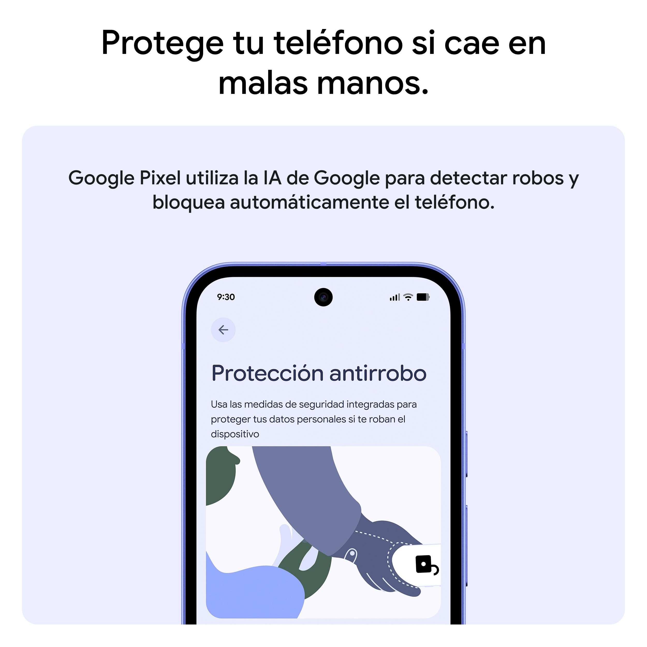 Google Pixel 10a mostrando función de protección antirrobo con IA en pantalla azul.