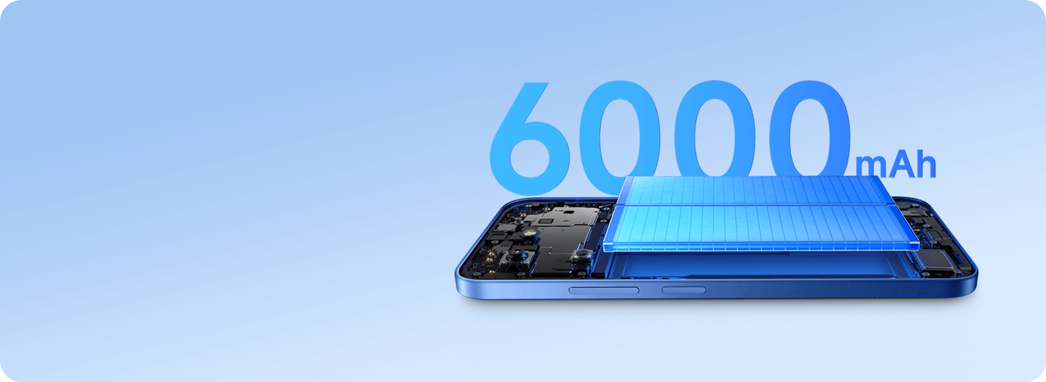 Smartphone con batería interna de 6000mAh destacada en vista explosionada sobre fondo azul