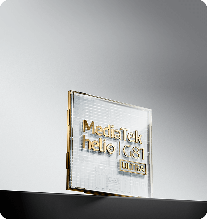 Chipset MediaTek Helio G81 Ultra en renderizado 3D con acabado transparente y letras doradas