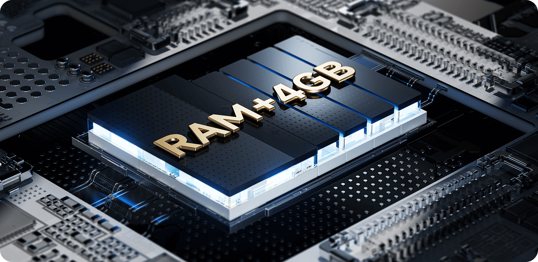 Módulo de memoria RAM 4GB sobre placa base en render 3D