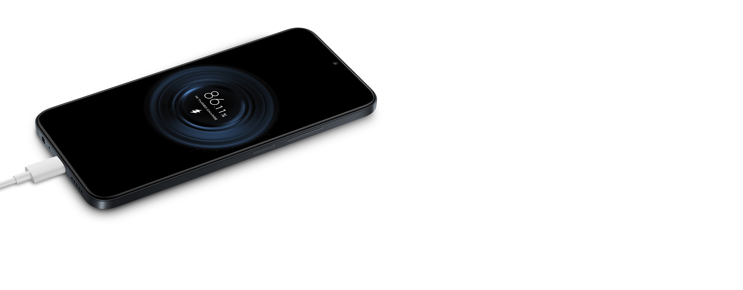 Smartphone negro cargando con cable blanco y animación de carga rápida al 86%