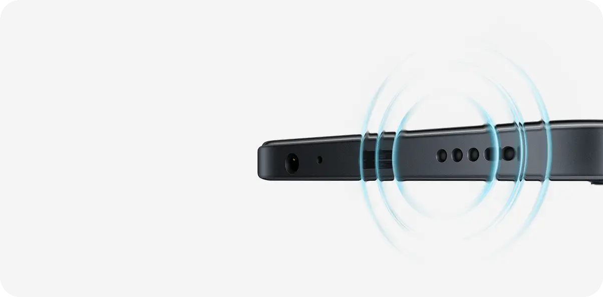 Borde inferior de smartphone negro con rejillas de altavoz y ondas de sonido azules