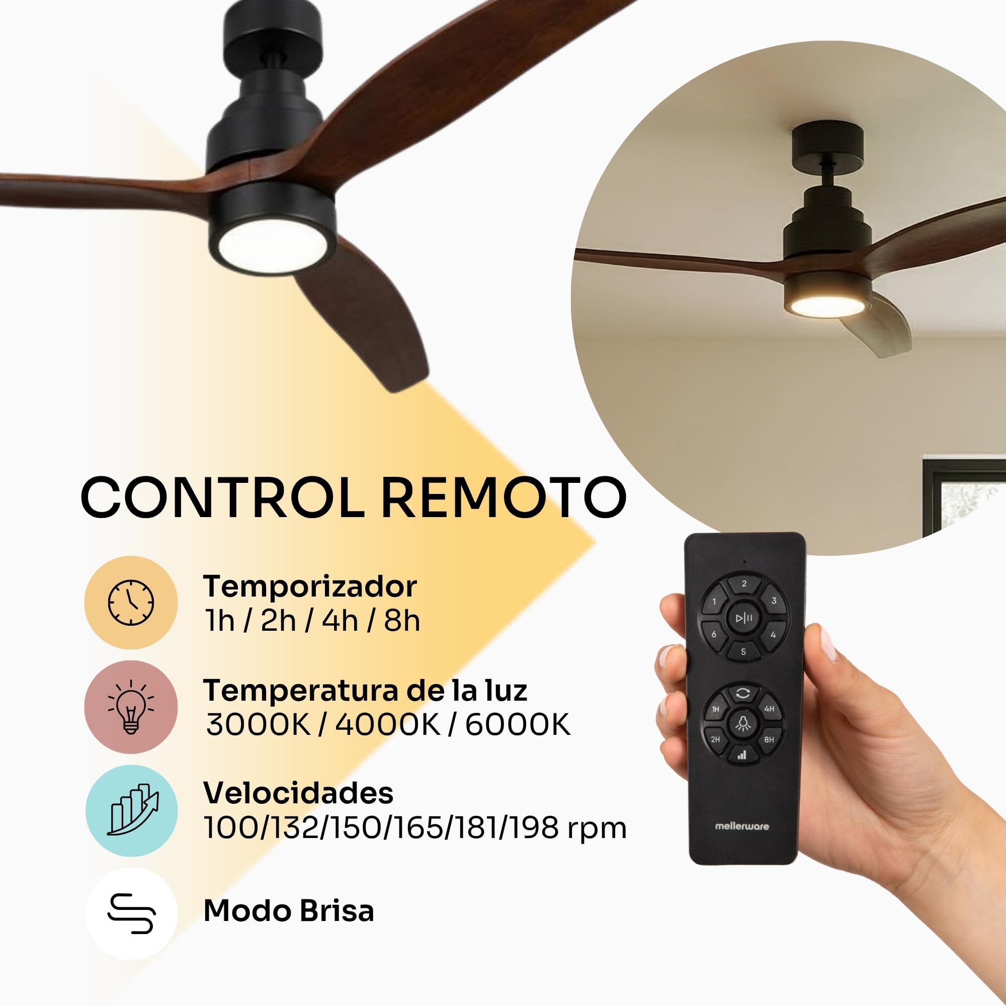 Ventilador de techo Mellerware Brizy con aspas madera oscura, LED y mando a distancia