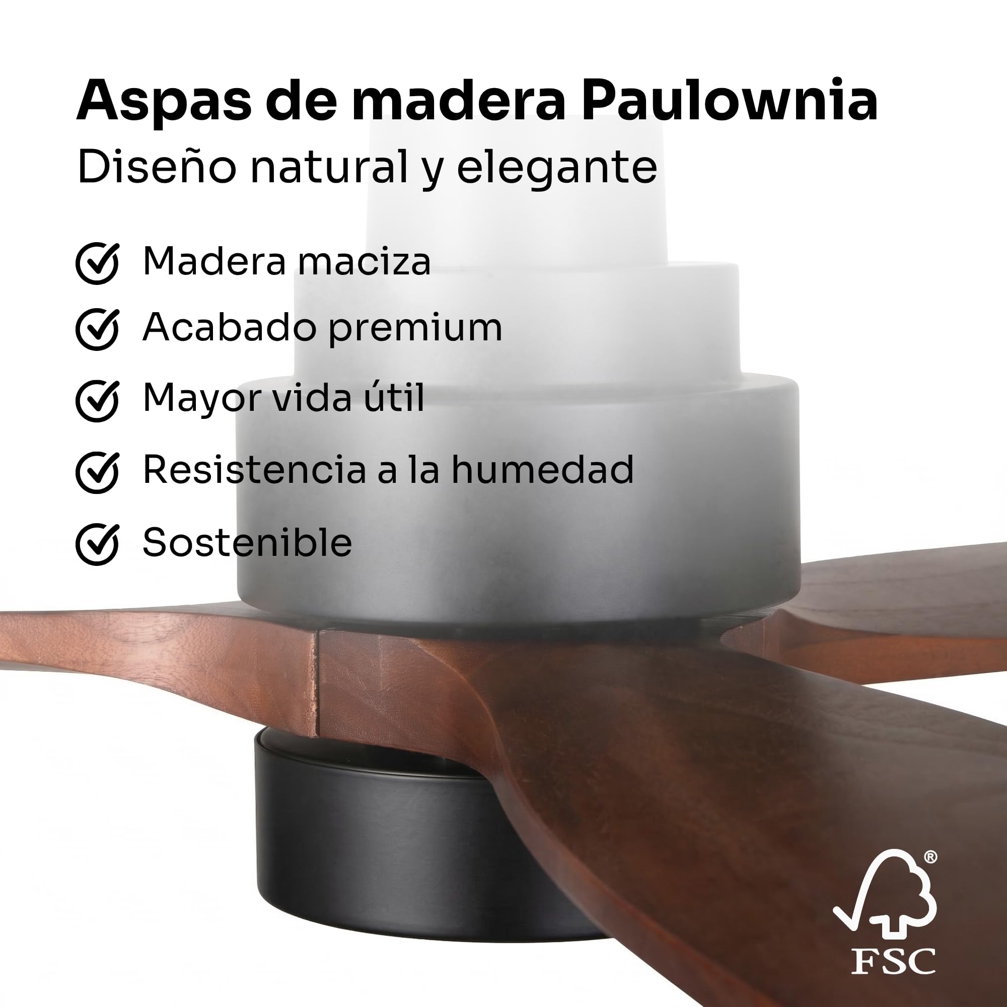 Detalle del motor y aspas de madera oscura del ventilador de techo Mellerware Brizy con certificación FSC
