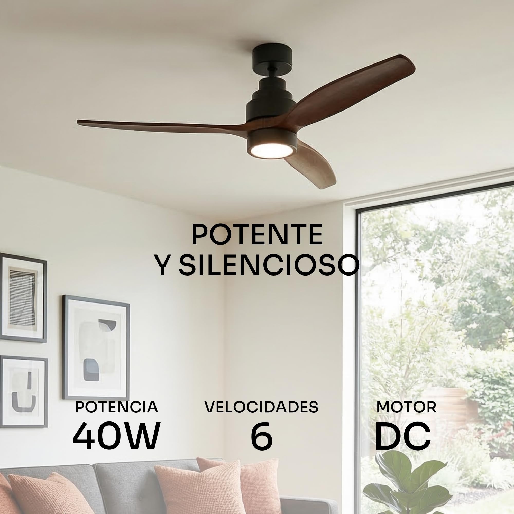 Mellerware Brizy Bright Dark Wood instalado en un salón con motor DC y luz LED.
