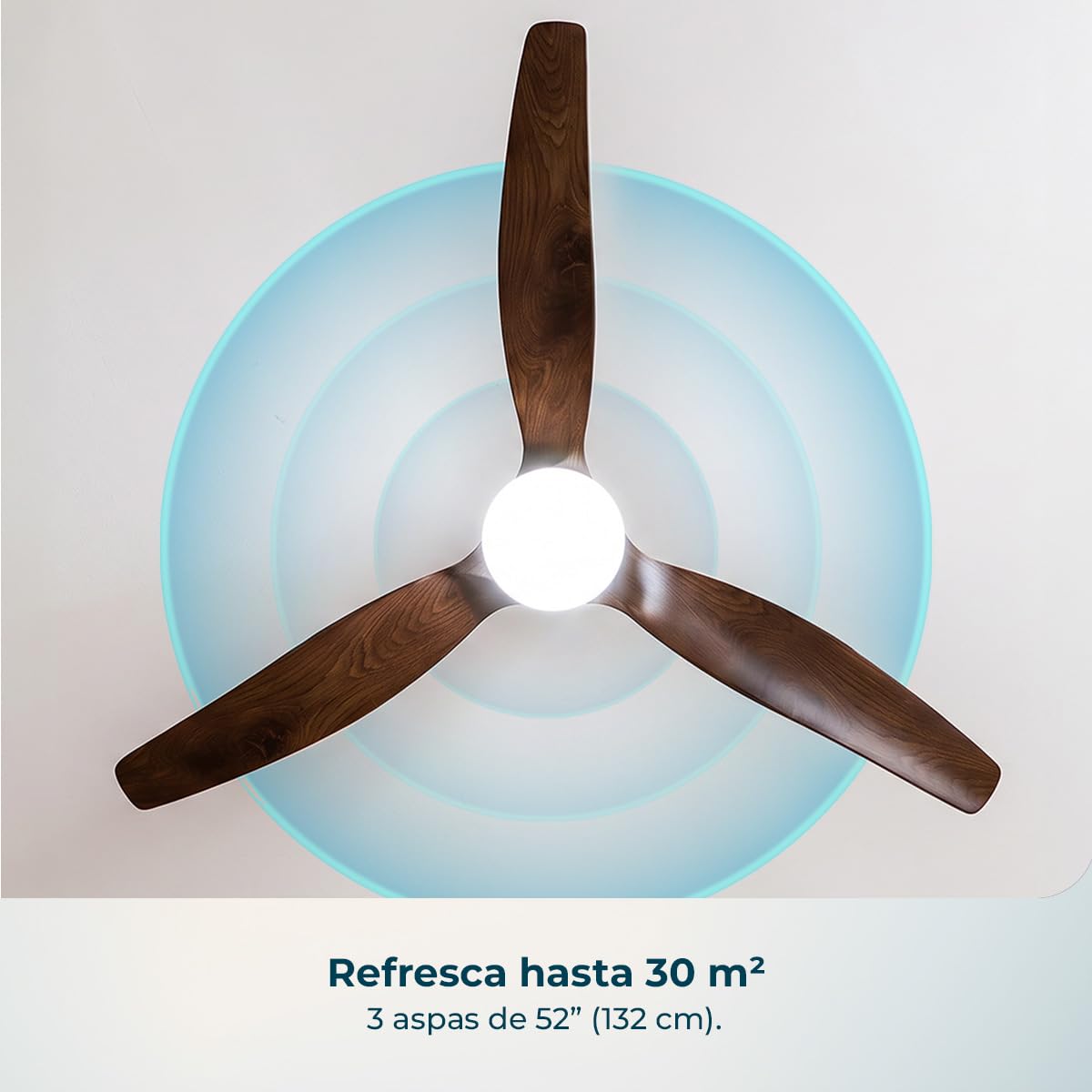 Diagrama del Cecotec Aero 4600 con diámetro de 132 cm y cobertura declarada de hasta 30 m².