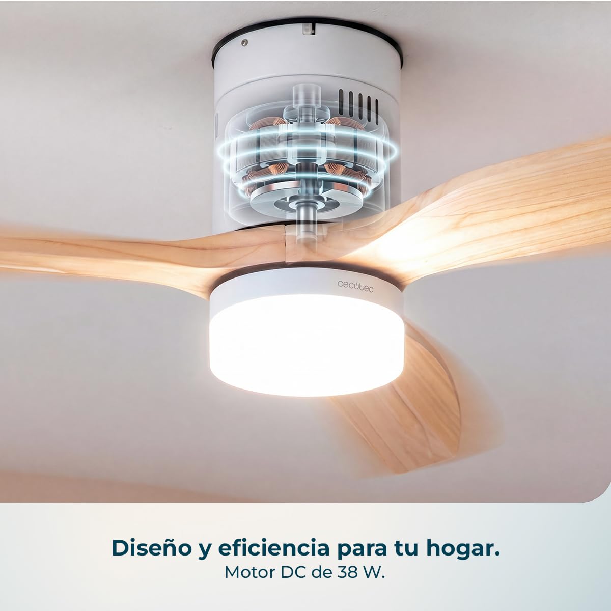Ventilador de techo Cecotec con luz LED, aspas de madera y motor DC de 38W.