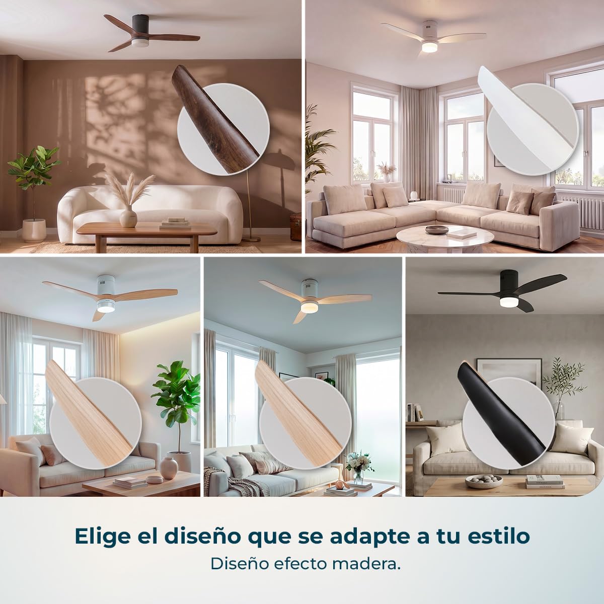 Cinco diseños de aspas para ventilador de techo Cecotec EnergySilence Aero 4600 en distintos acabados de madera y color.