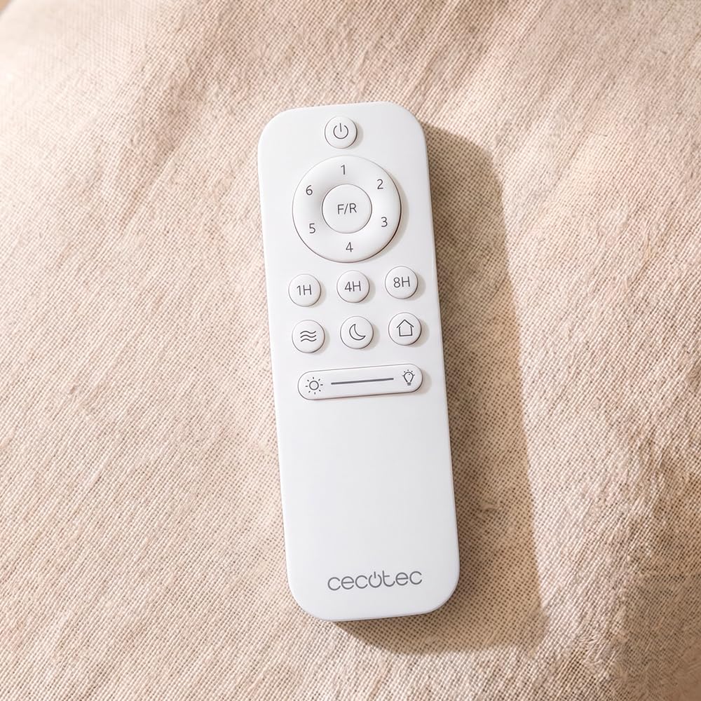 Mando a distancia blanco Cecotec para ventilador de techo con control de velocidad, temporizador y luz LED.