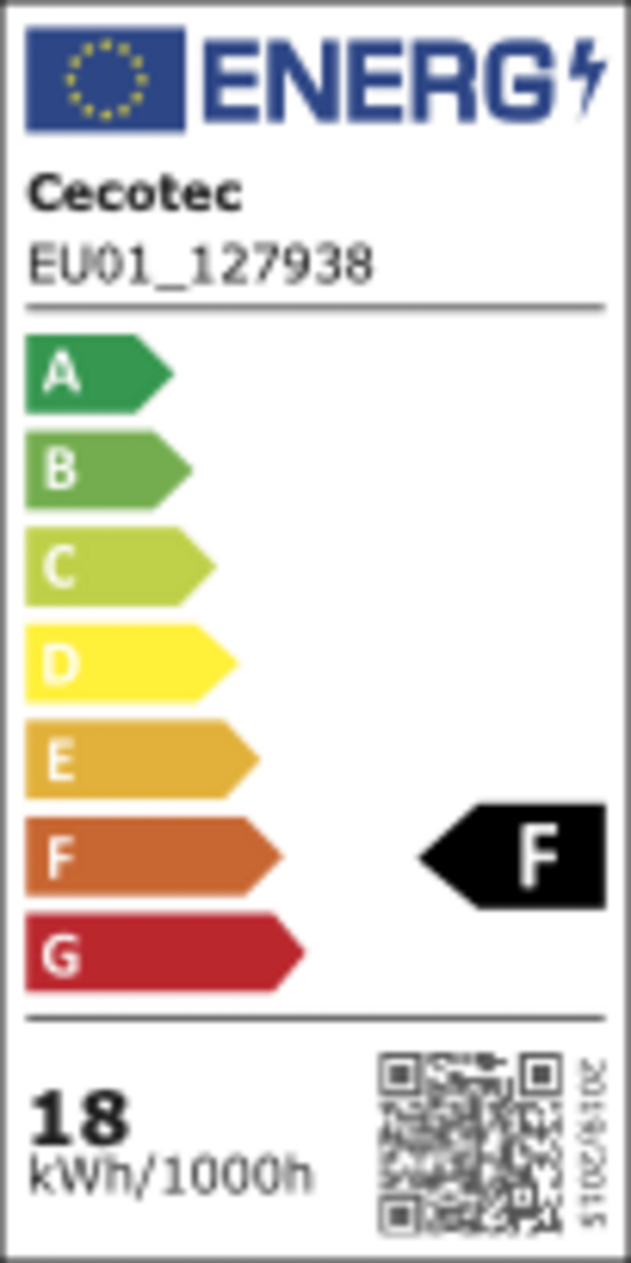 Etiqueta energética UE Cecotec clase F consumo 18 kWh 1000h
