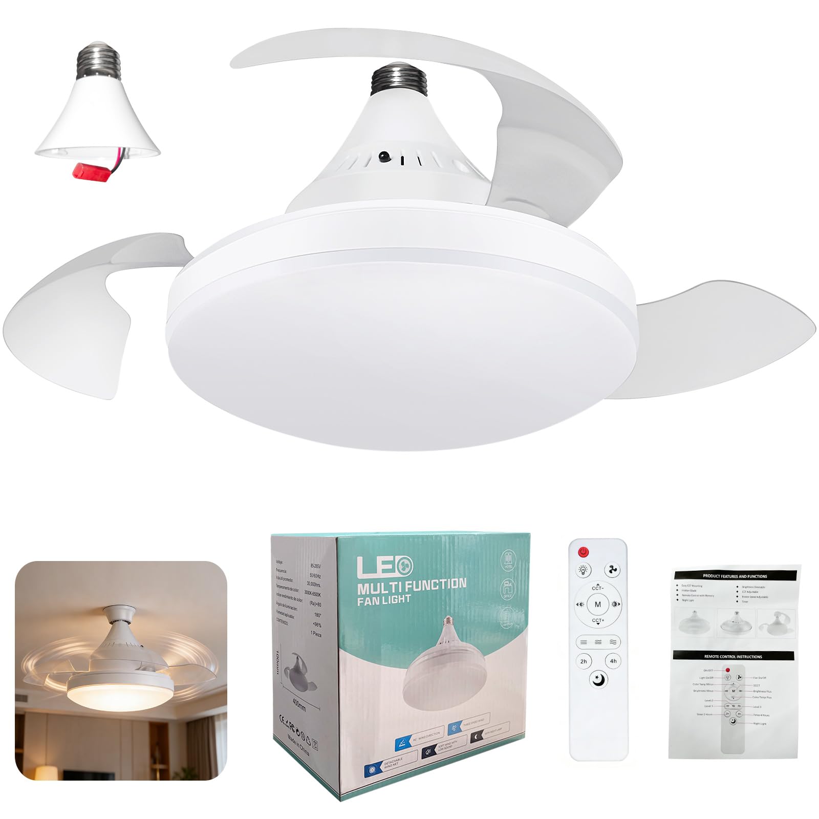 Lámpara ventilador de techo E27 de 40 cm con luz LED, aspas retráctiles, mando y adaptador.