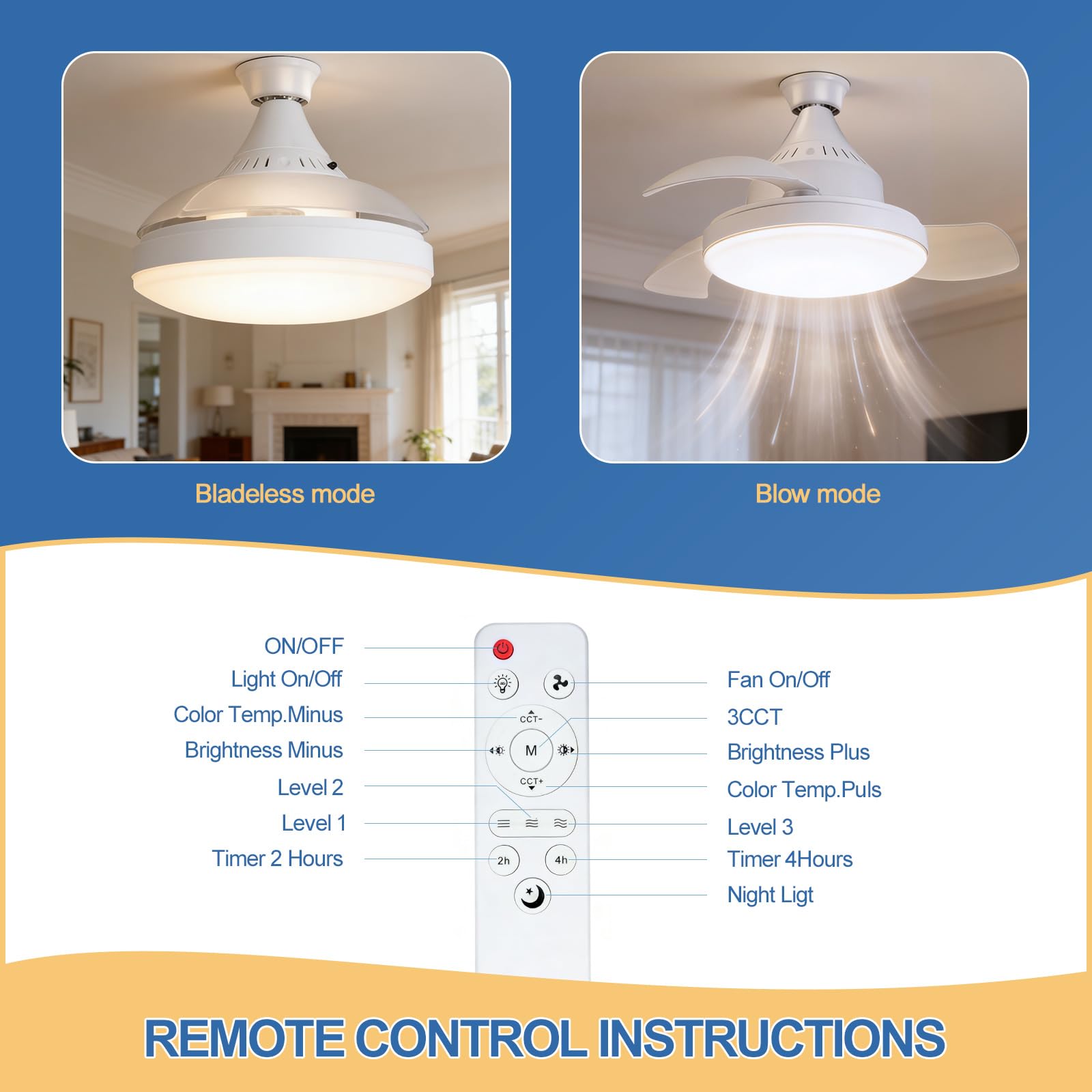 Ventilador de techo E27 con luz LED y mando a distancia, mostrando modos bladeless y de soplado con instrucciones