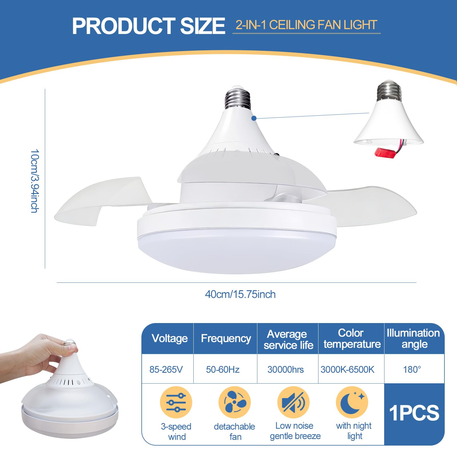 Ventilador de techo LED 2-en-1 con base E27, aspas extensibles y mando a distancia, 40cm silencioso