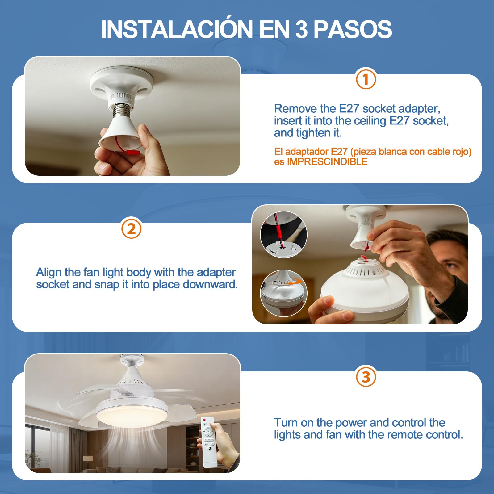 Infografía de instalación en 3 pasos del ventilador de techo E27 con luz LED y mando a distancia