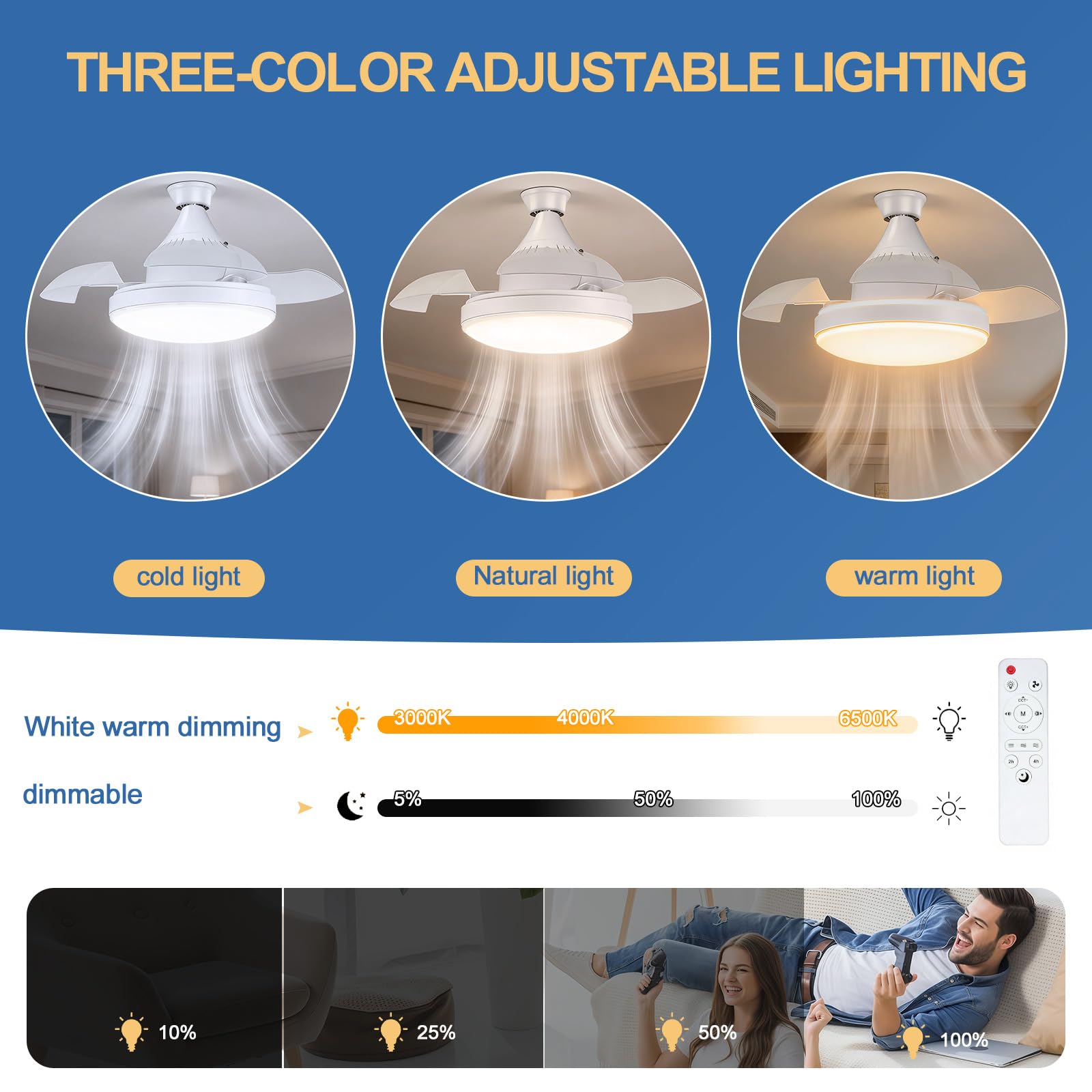 Ventilador de techo E27 con luz LED regulable en tres colores y mando a distancia
