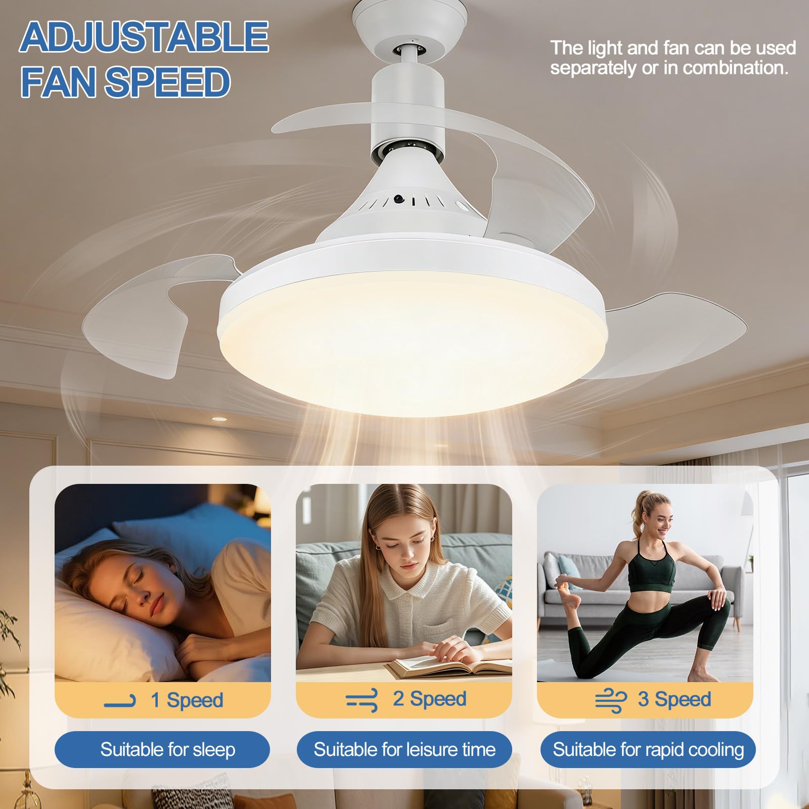 Lámpara ventilador E27 mostrando sus tres velocidades para descanso, lectura y ejercicio suave.