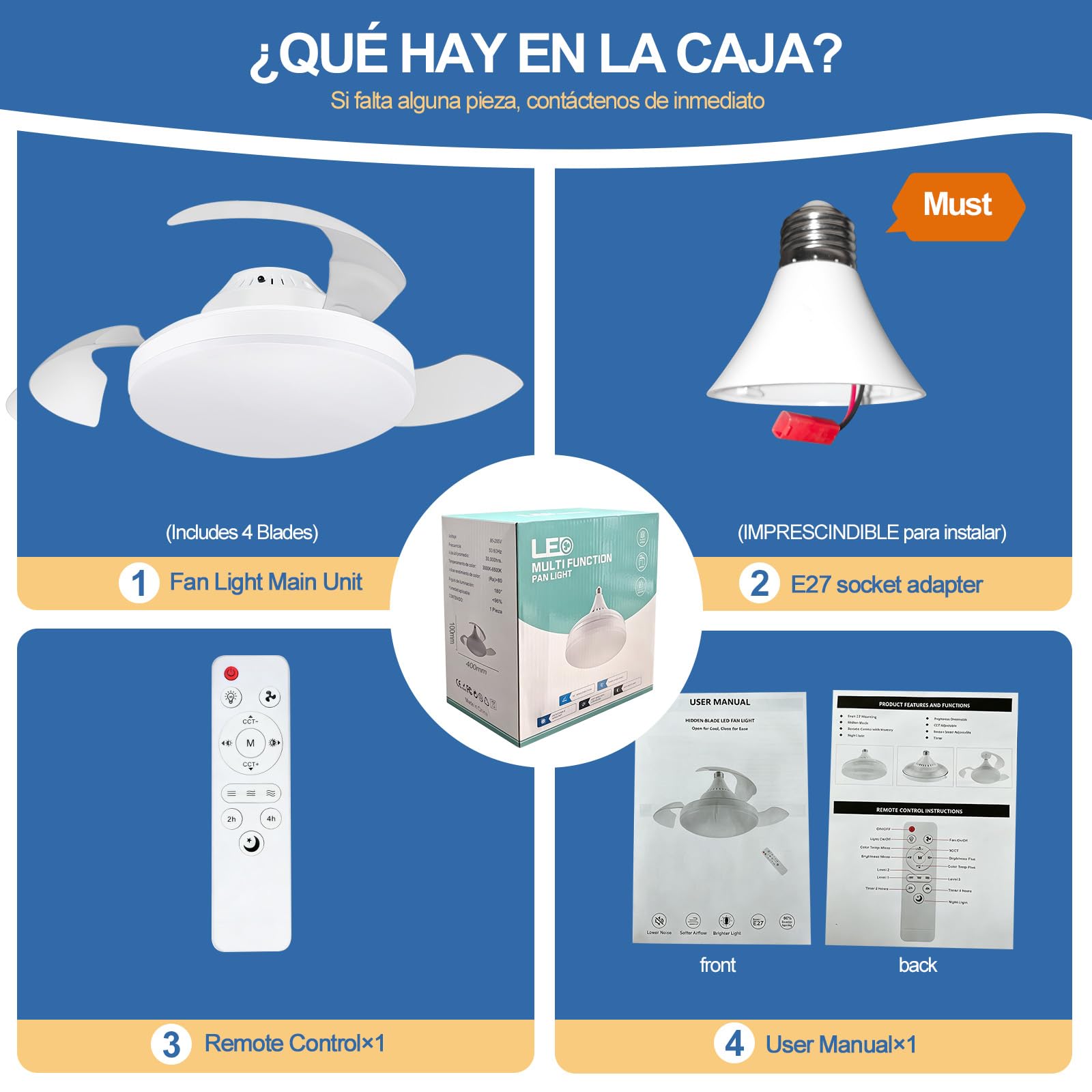 Contenido del paquete del ventilador de techo LED E27 con mando, adaptador y manual de usuario