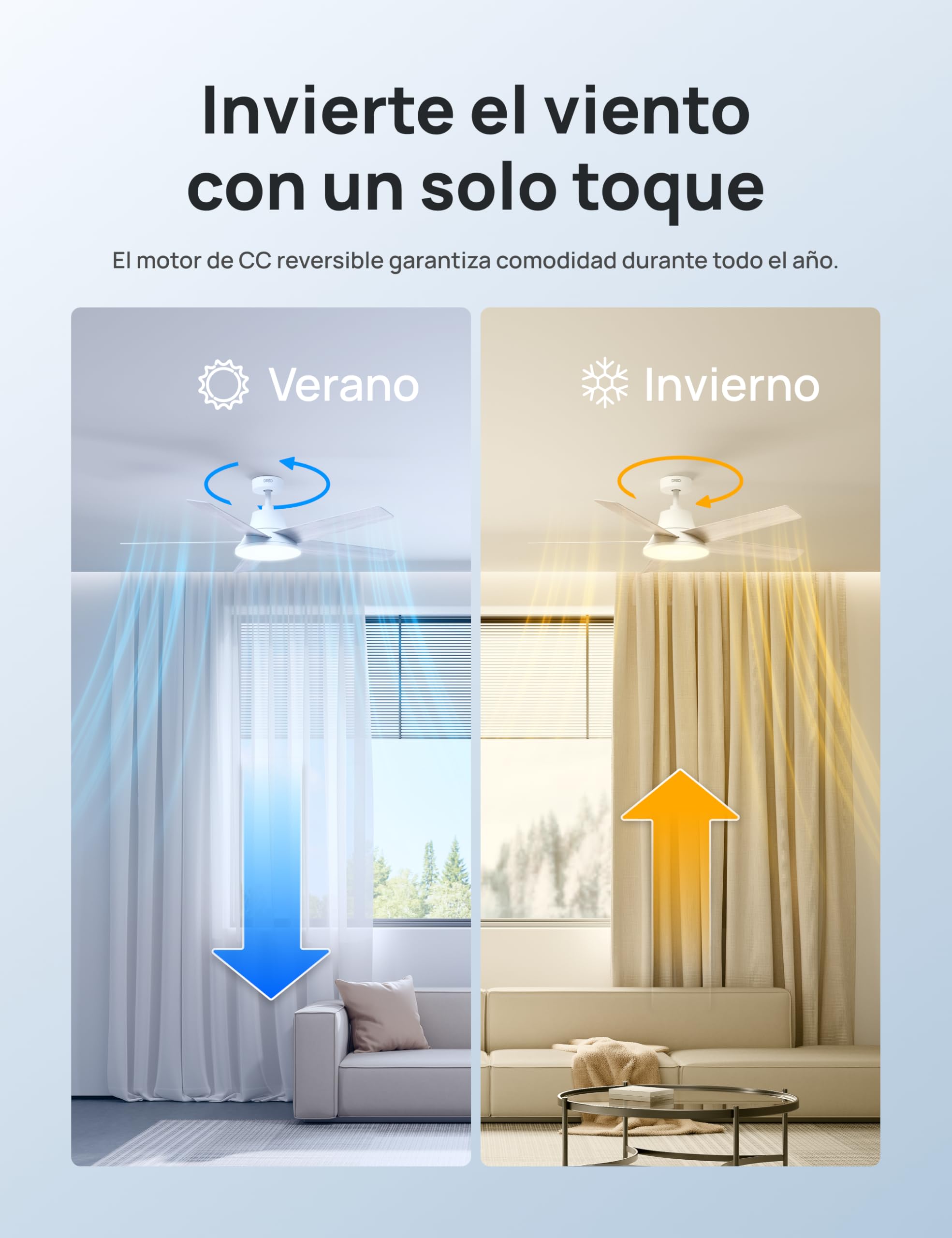 Ventilador de techo inteligente Dreo con función reversible para verano e invierno, motor DC silencioso.