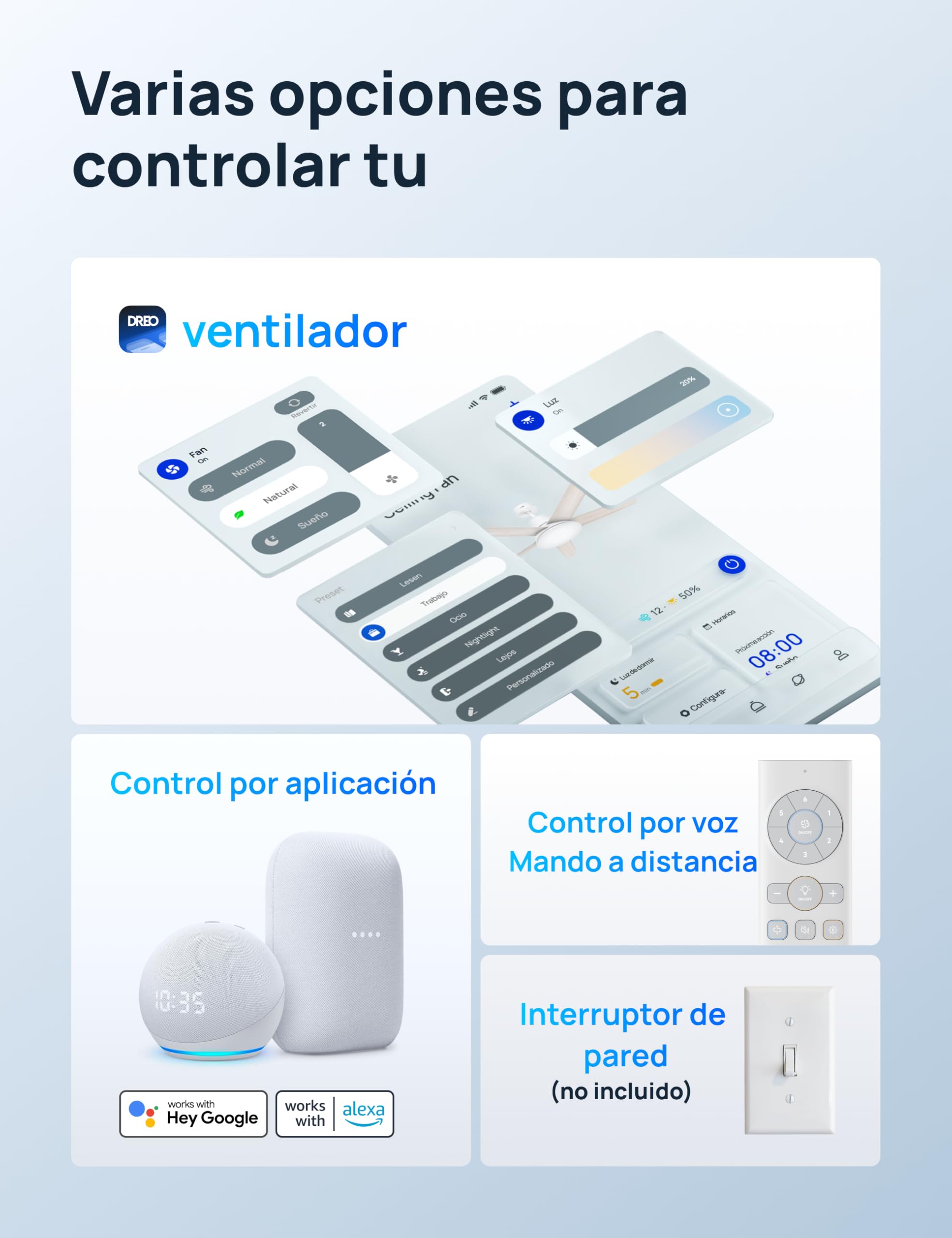 Dreo ventilador de techo inteligente con control por app, voz, mando a distancia y compatibilidad con Alexa y Google Home.