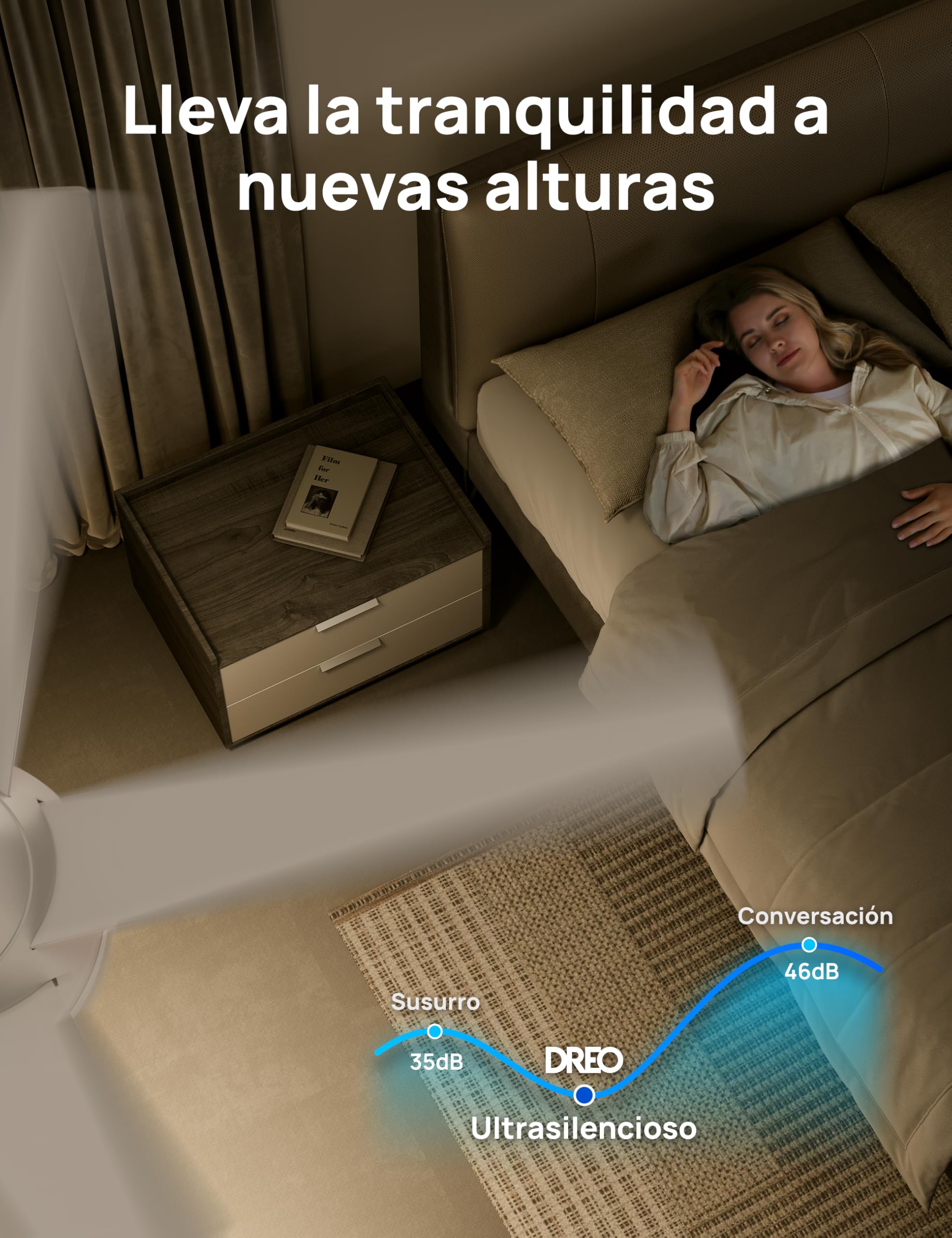 Escena nocturna que muestra el nivel sonoro declarado inferior a 35 dB del ventilador de techo Dreo.