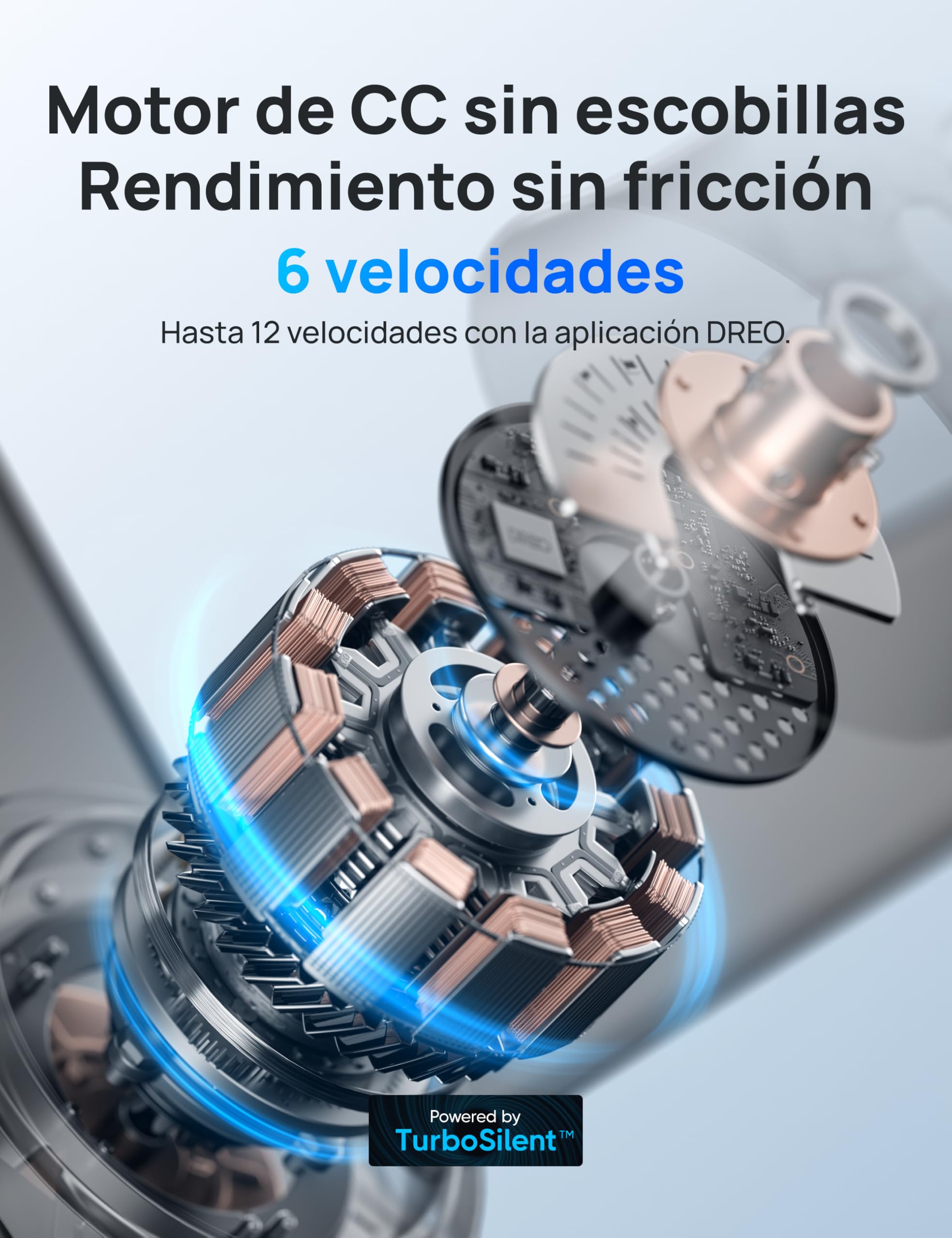 Motor DC sin escobillas DREO con tecnología TurboSilent y 6 velocidades para ventilador de techo inteligente.