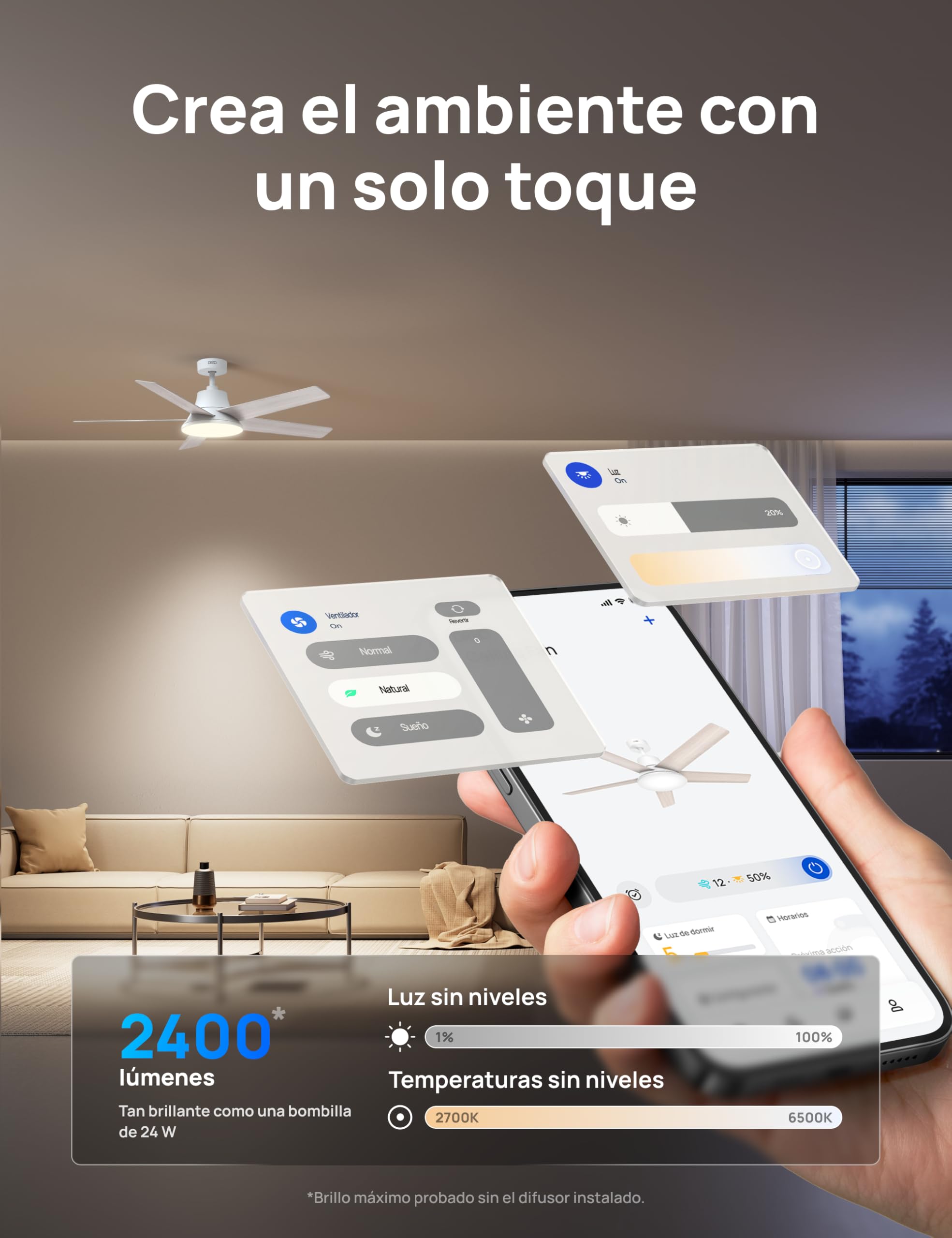 Ventilador de techo inteligente Dreo controlado por app móvil con luz LED regulable en salón moderno