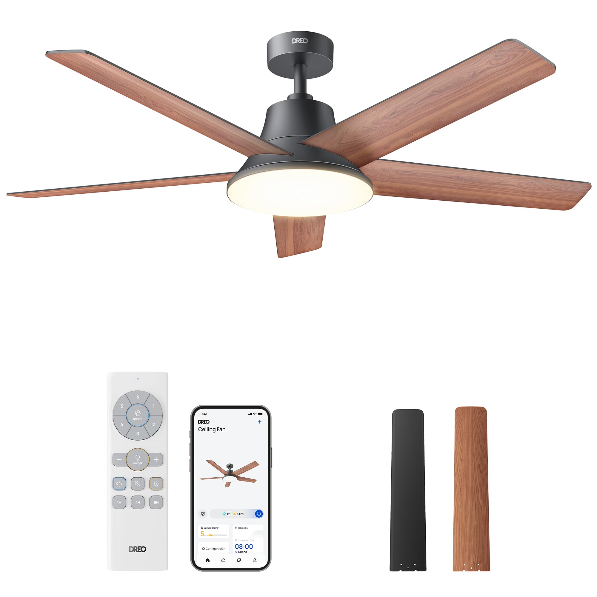 Ventilador de techo inteligente Dreo 132cm con luz LED, aspas de madera, control remoto, app y aspas intercambiables