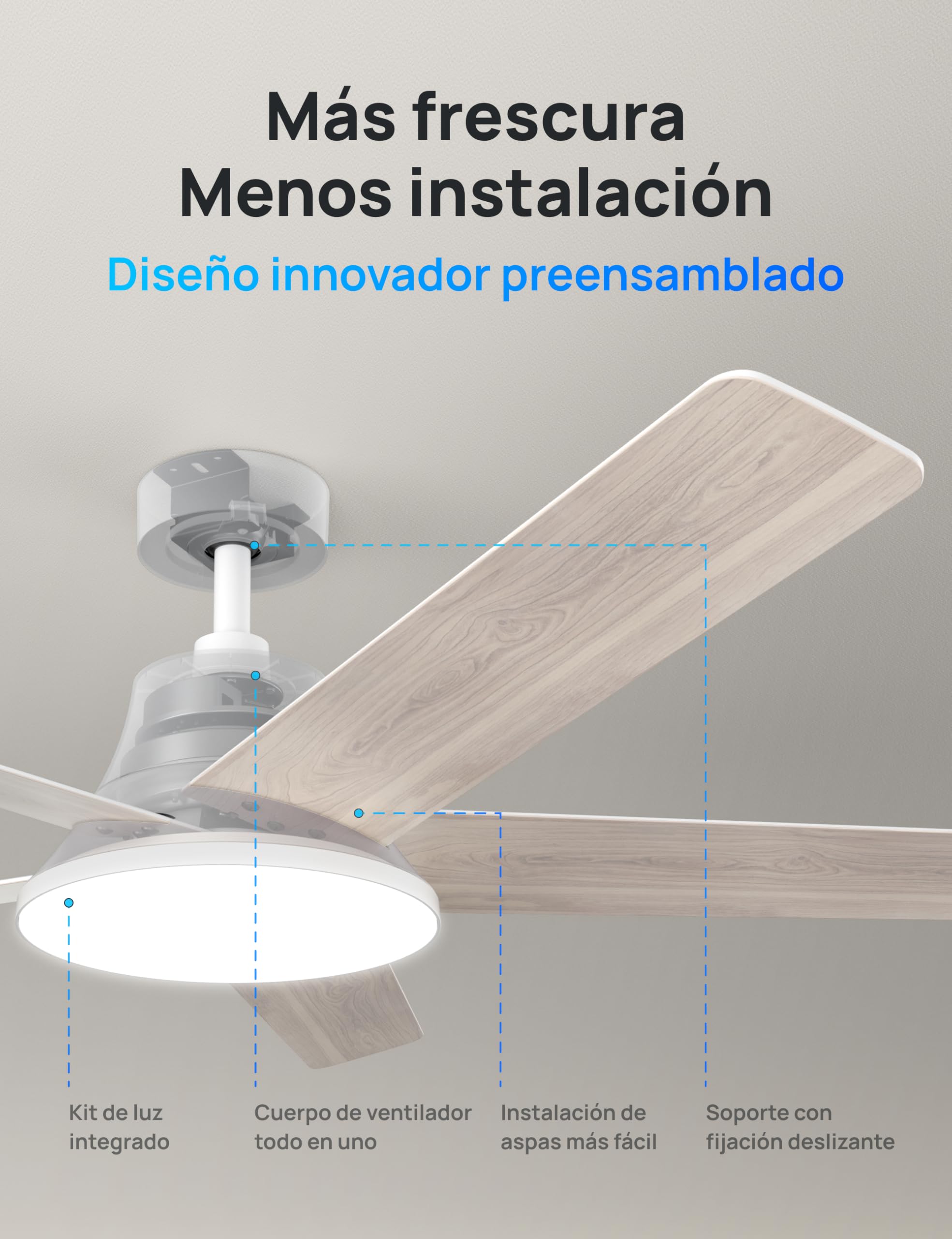 Ventilador de techo Dreo inteligente con luz LED y aspas de madera, diseño preensamblado para fácil instalación.