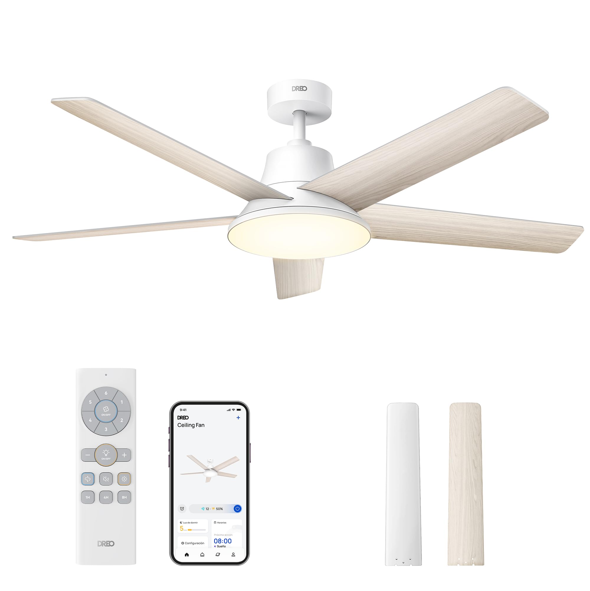 Ventilador de techo inteligente Dreo blanco de 132 cm con luz LED, mando, aplicación y aspas reversibles.