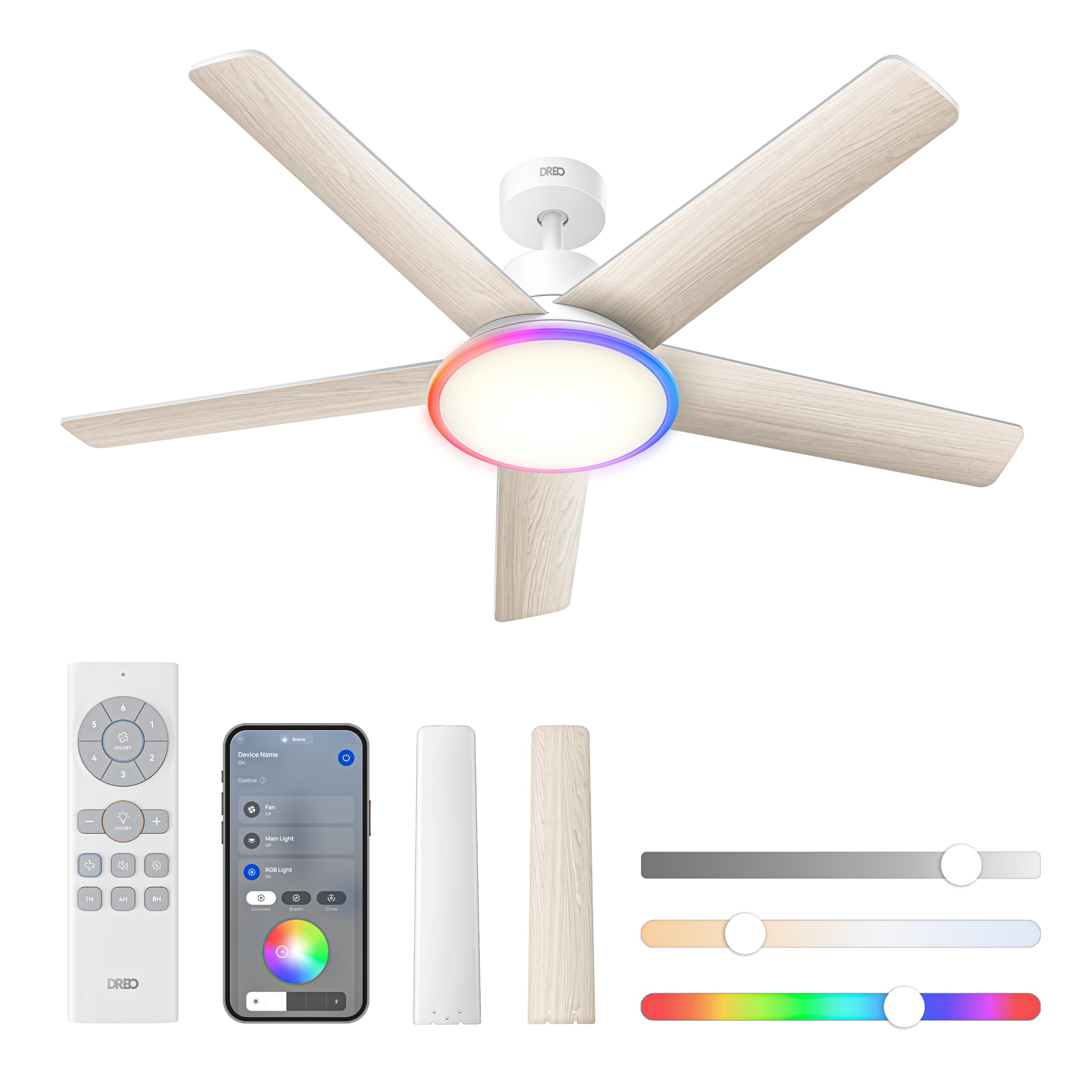 Ventilador de techo inteligente Dreo con luz LED RGB, mando a distancia, app móvil y controles de iluminación regulable.