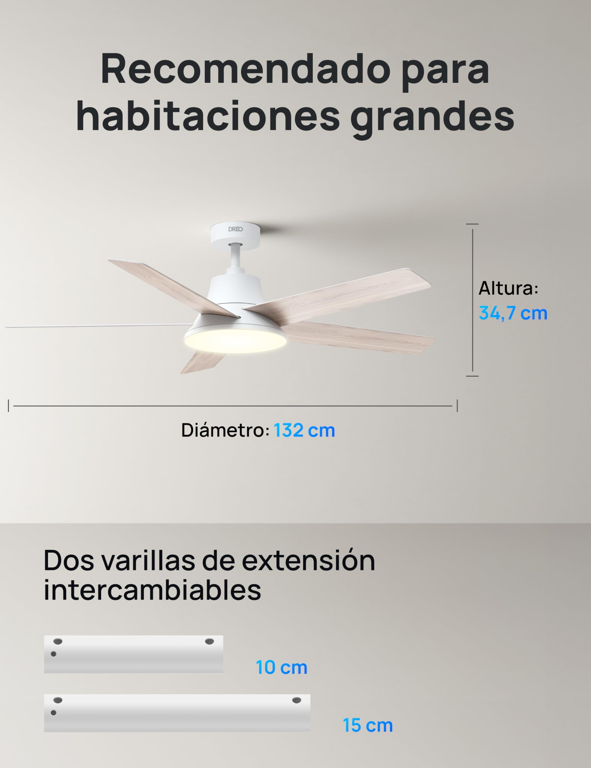 Ventilador de techo Dreo blanco con luz LED y aspas de madera, 132 cm de diámetro.