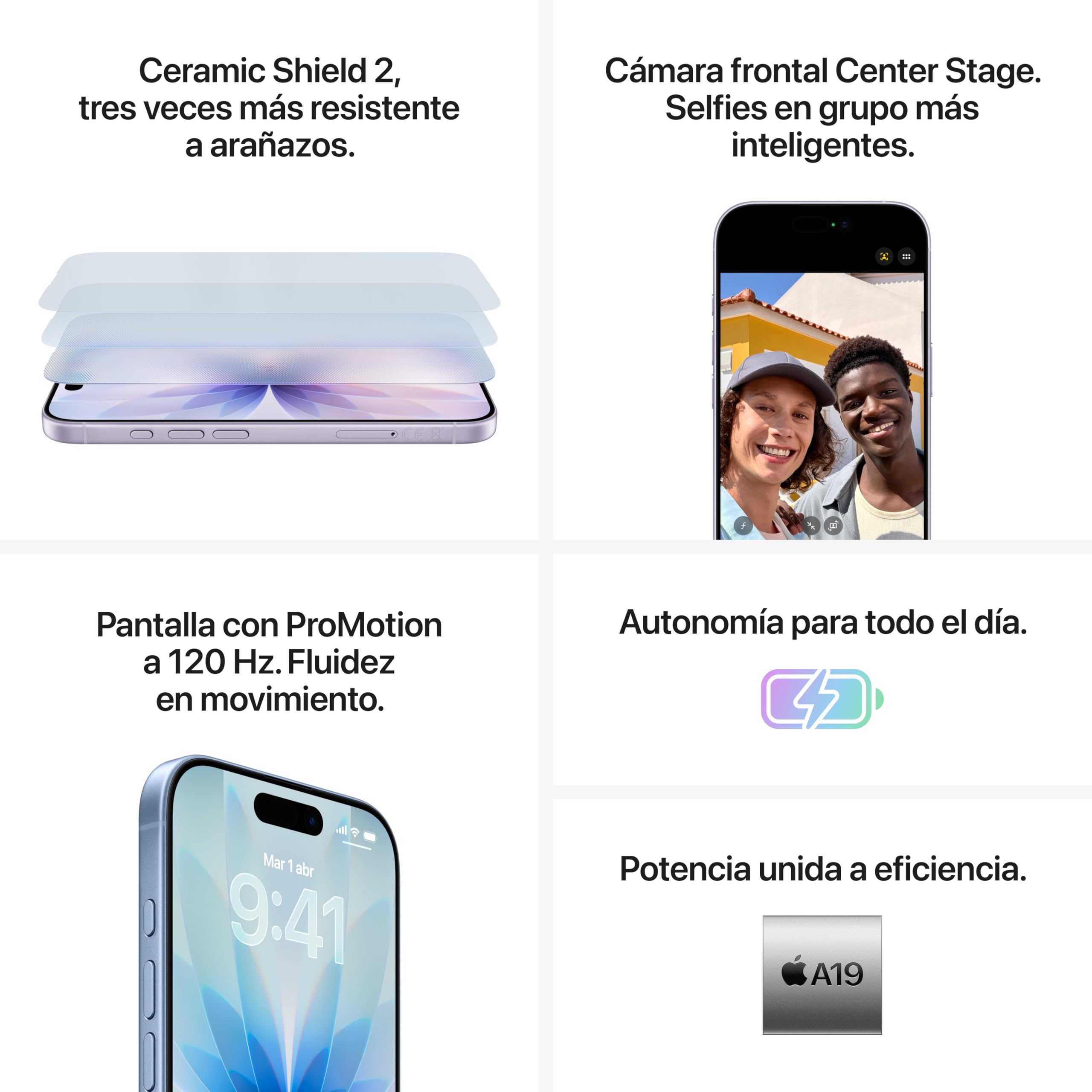 Infografía del iPhone 17 mostrando Ceramic Shield 2, cámara Center Stage, pantalla ProMotion y chip A19