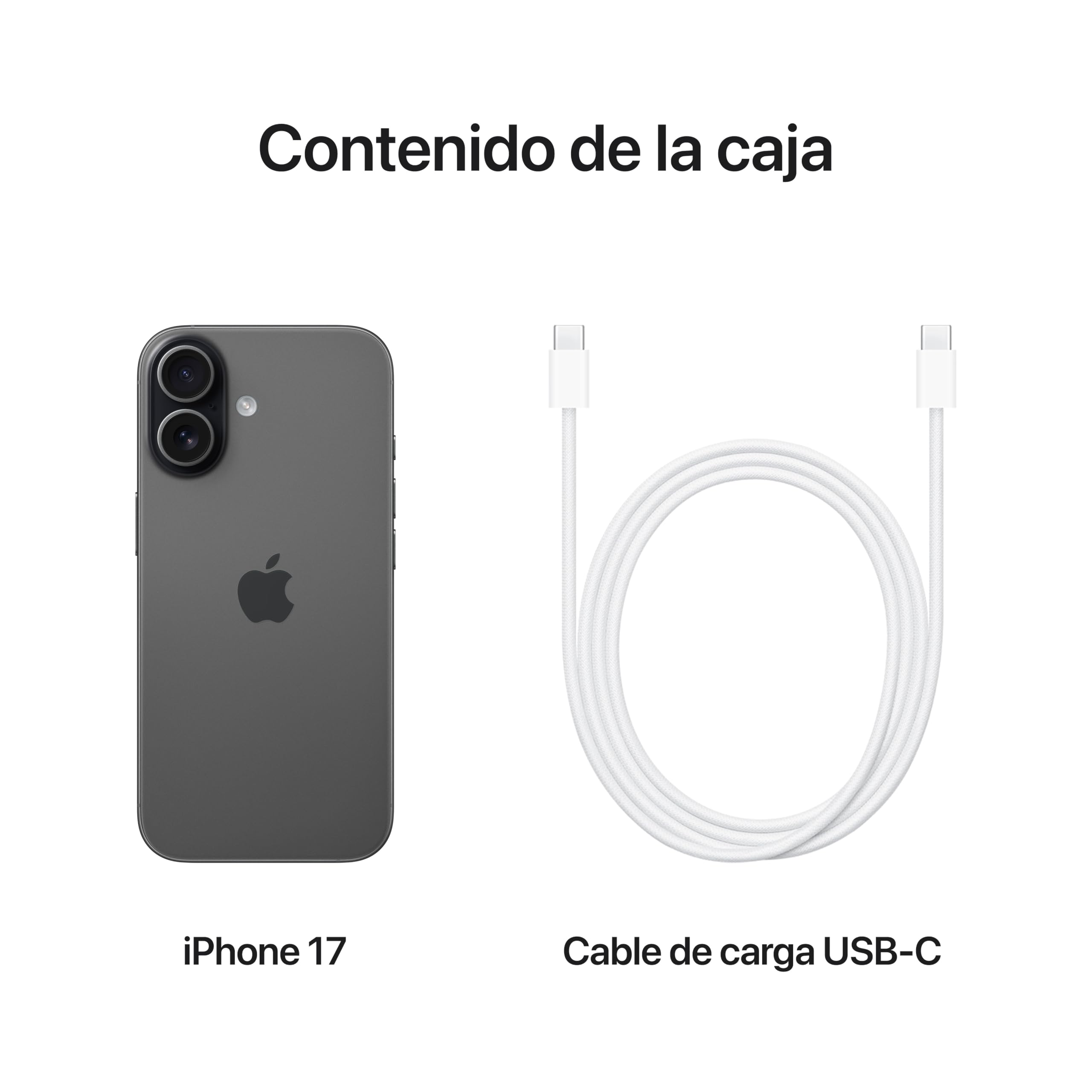 Contenido de la caja del iPhone 17 negro con cable de carga USB-C