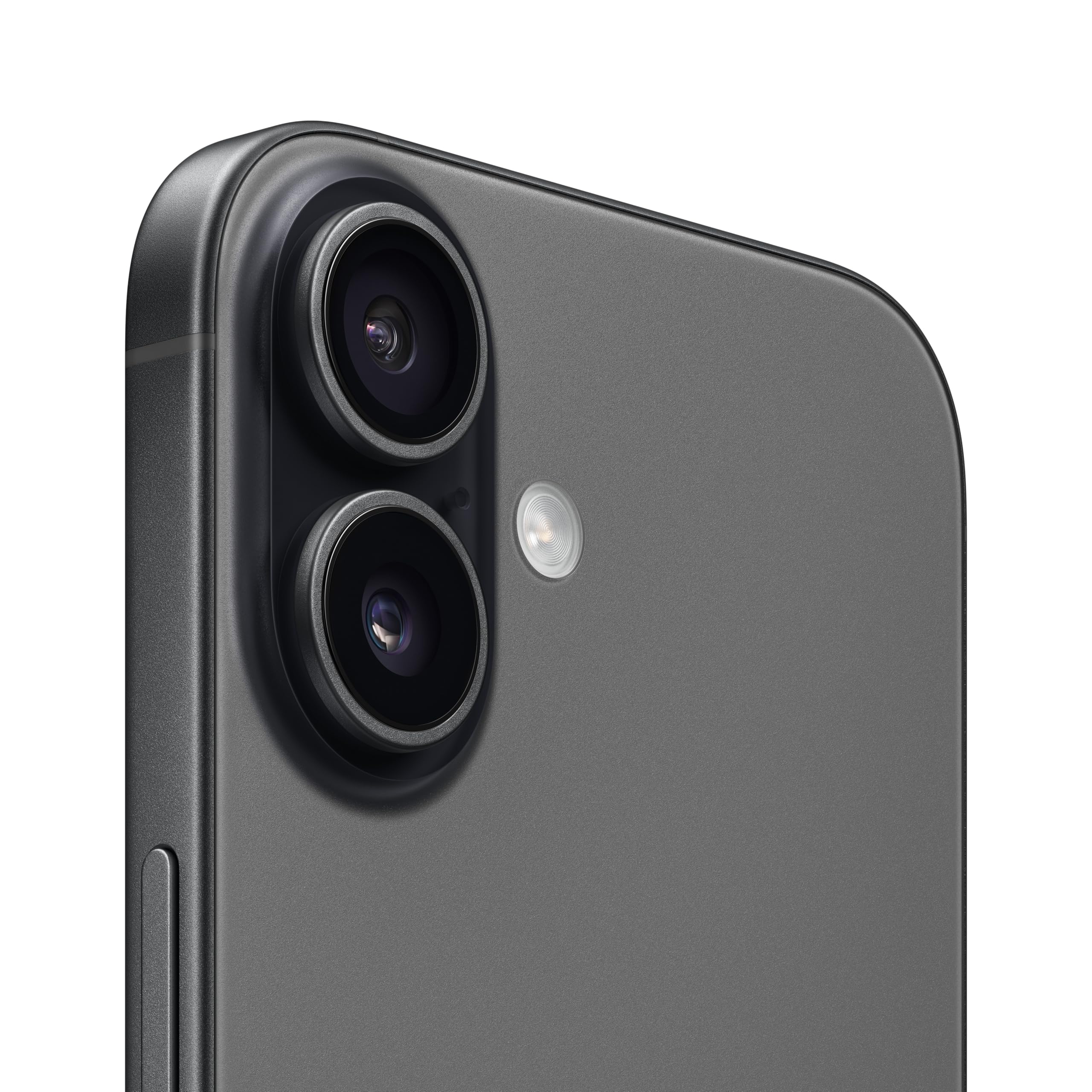 Detalle del módulo de doble cámara trasera del iPhone 17 negro sobre fondo blanco