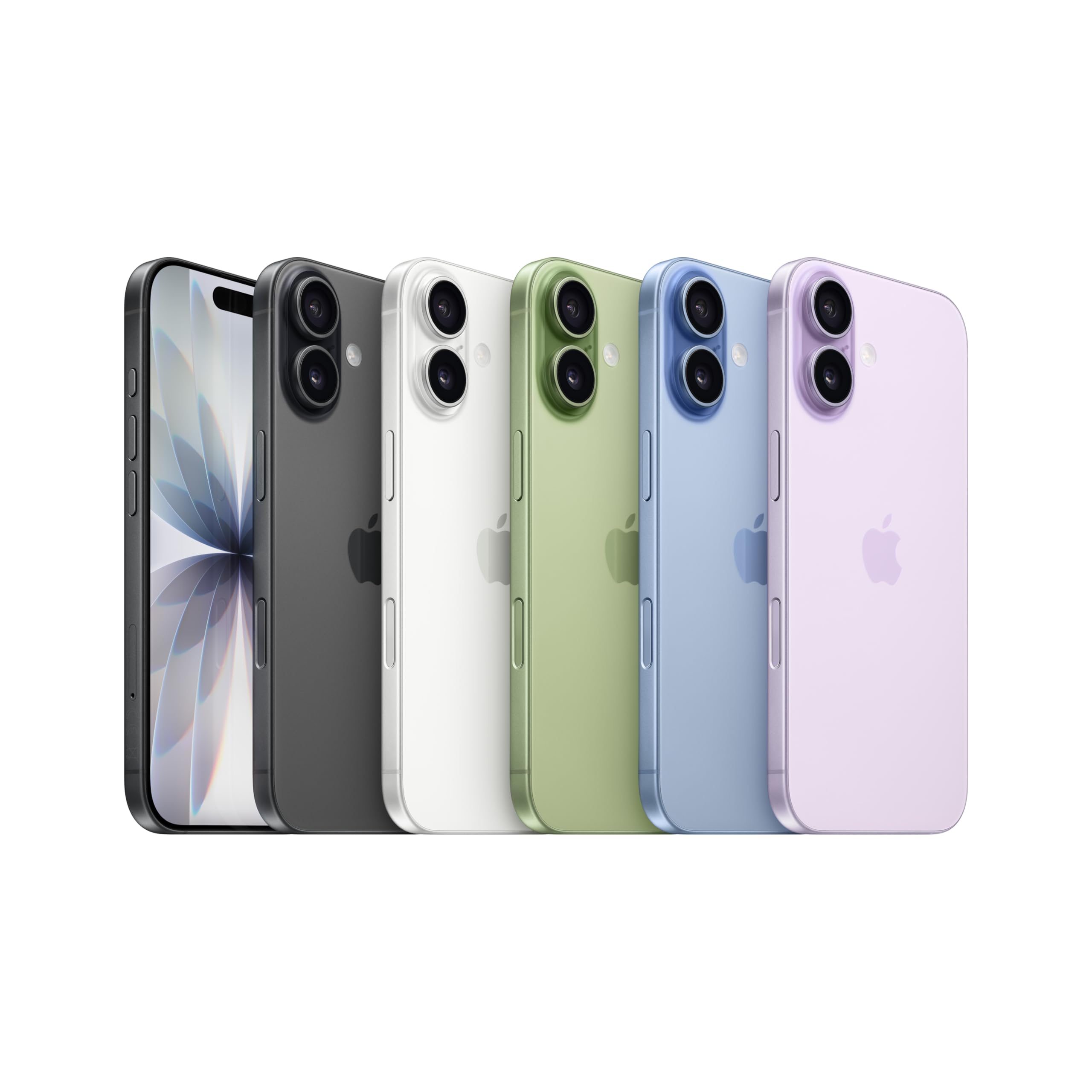 Apple iPhone 17 en cinco colores: negro, blanco, verde, azul y lavanda sobre fondo blanco