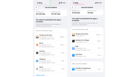 Capturas de pantalla del uso de batería en iOS mostrando consumo de aplicaciones y tiempos de uso